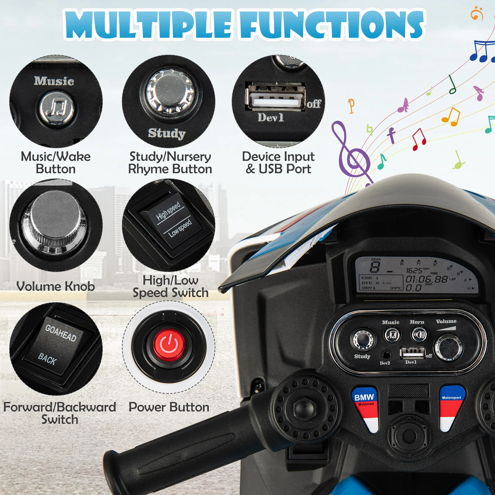 12V Licensed BMW Kids Motorcycle Ride-On Toy, 37-96 Months, Blue - Image 8