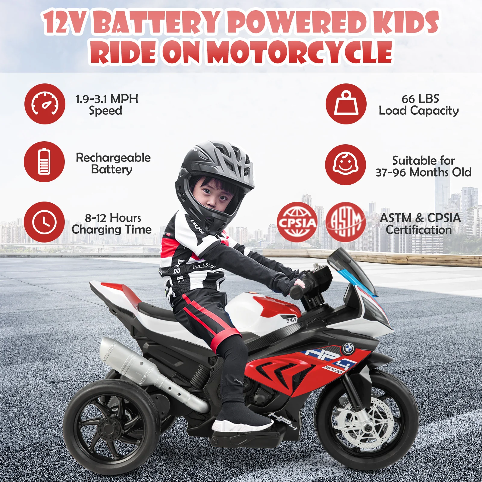 12V Licensed Kids Motorcycle Ride-On Toy, 37-96 Months, Red - Image 7