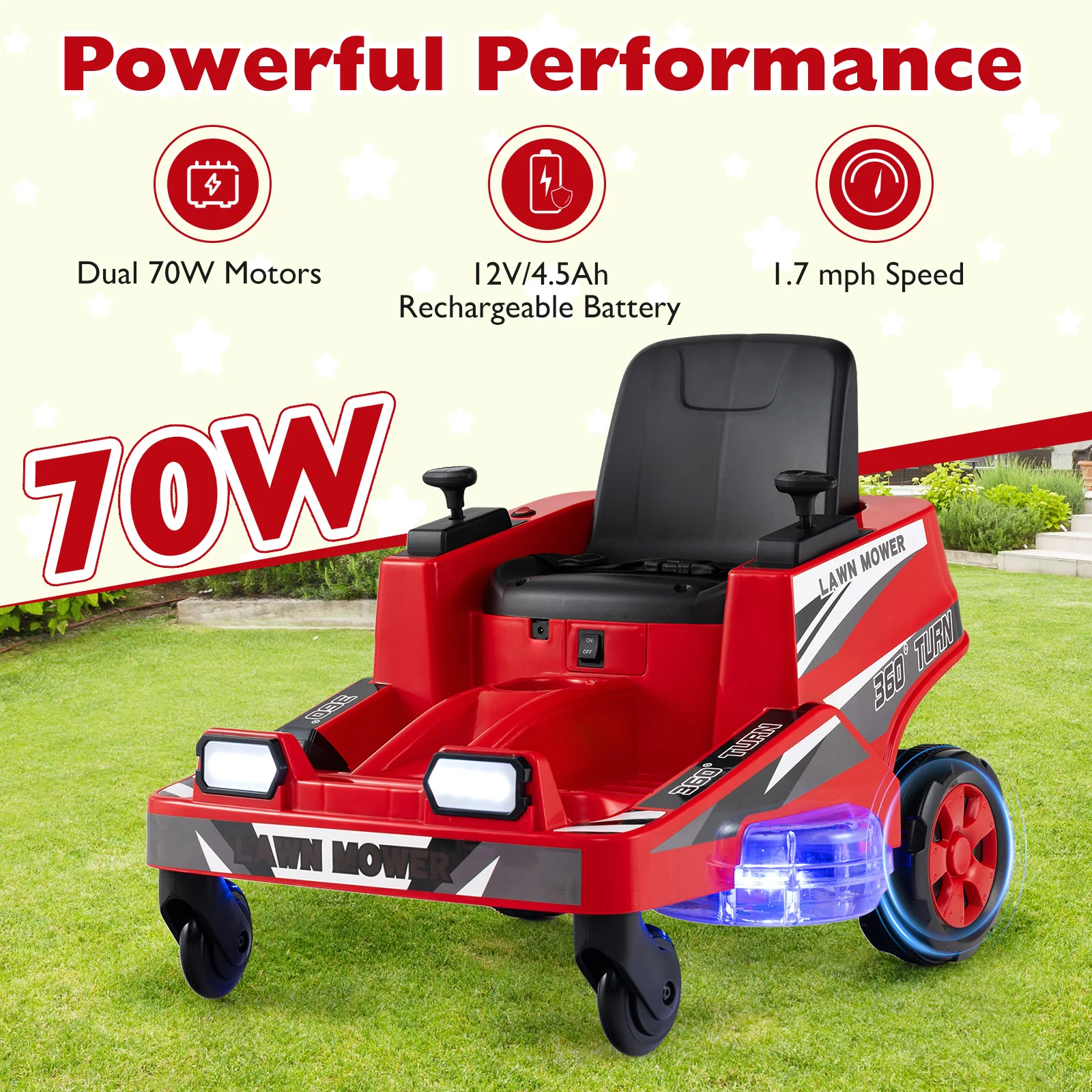 12V Ride On Lawn Mower For Kids, Dual Control, Red - Image 5