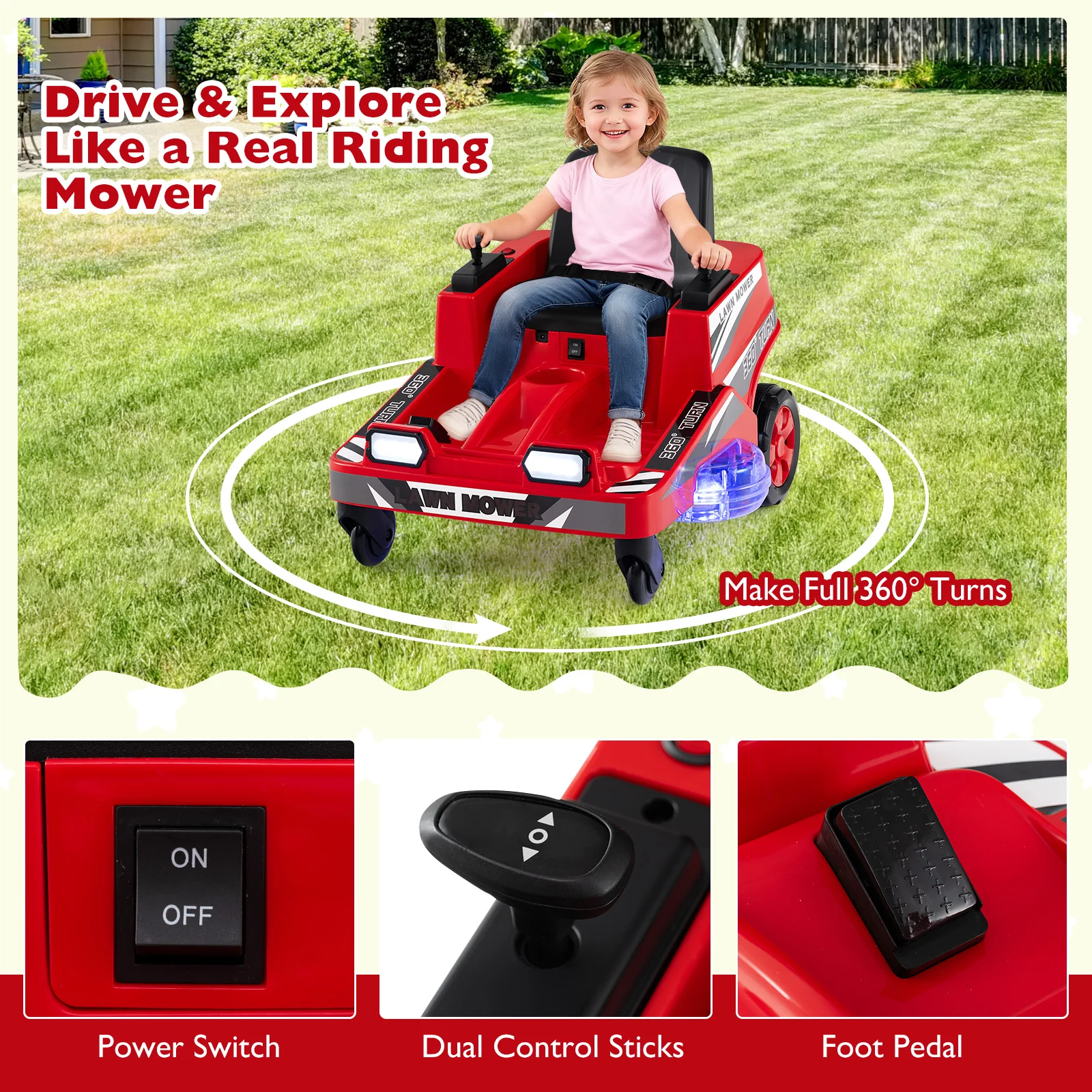 12V Ride On Lawn Mower For Kids, Dual Control, Red - Image 6