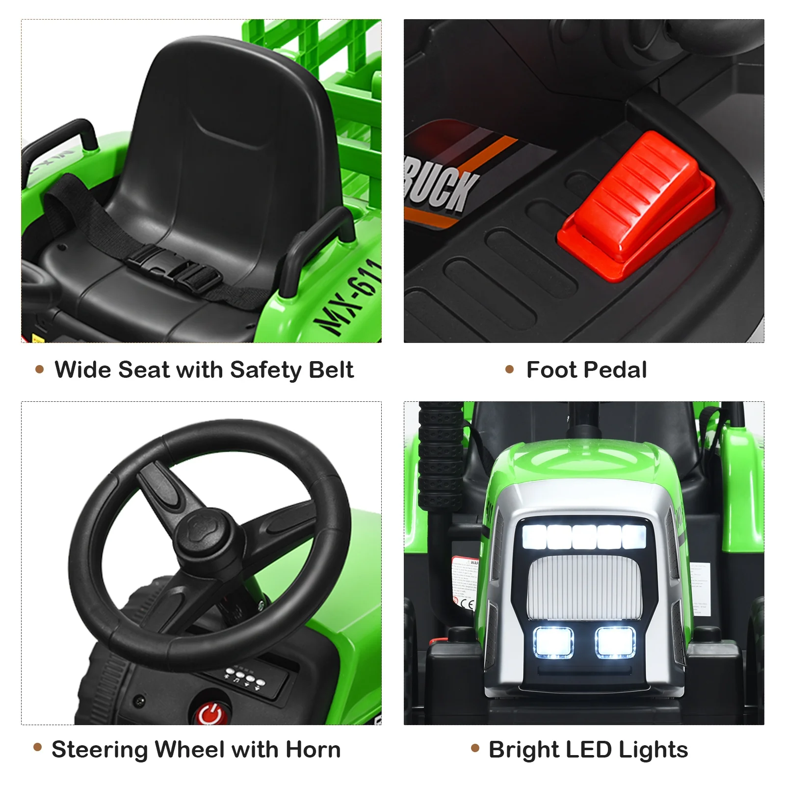 12V Ride On Tractor, 3 Gear Shift Ground Loader, Green - Image 10