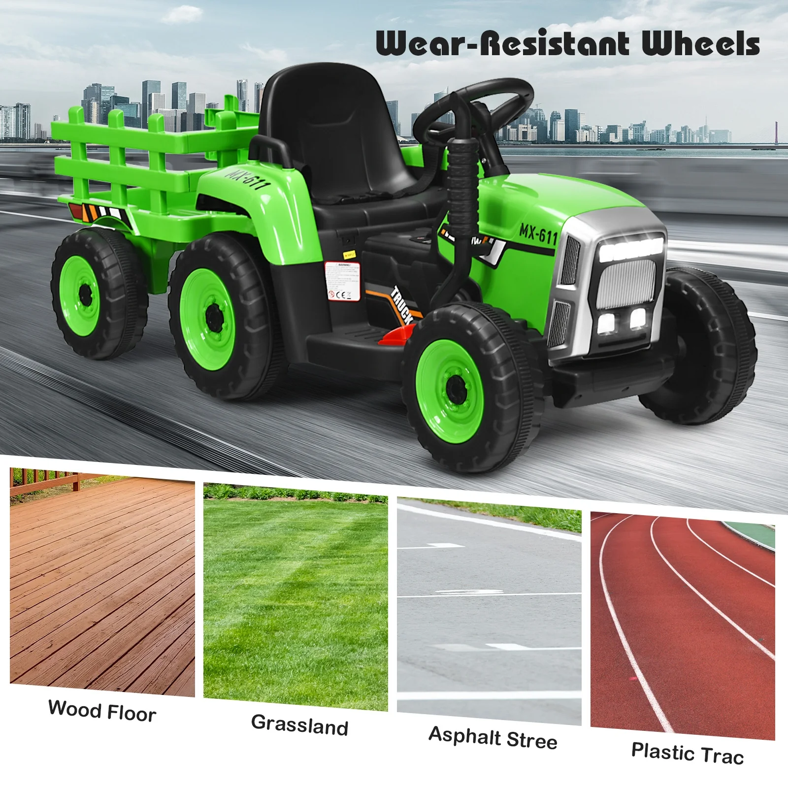 12V Ride On Tractor, 3 Gear Shift Ground Loader, Green - Image 9