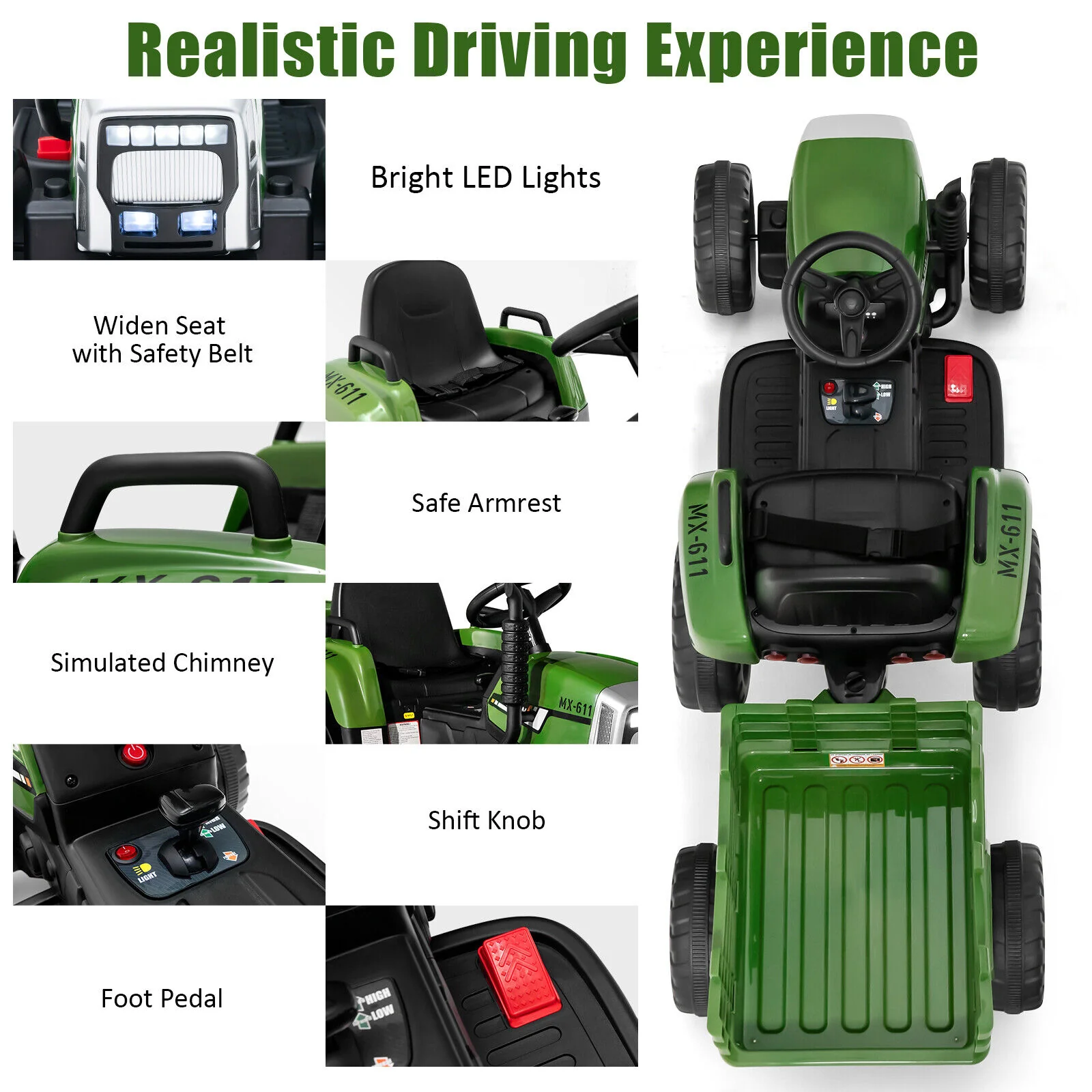 12V Ride on Tractor with 3-Gear-Shift Ground Loader for Kids 3+ Years Old, Dark Green - Image 10