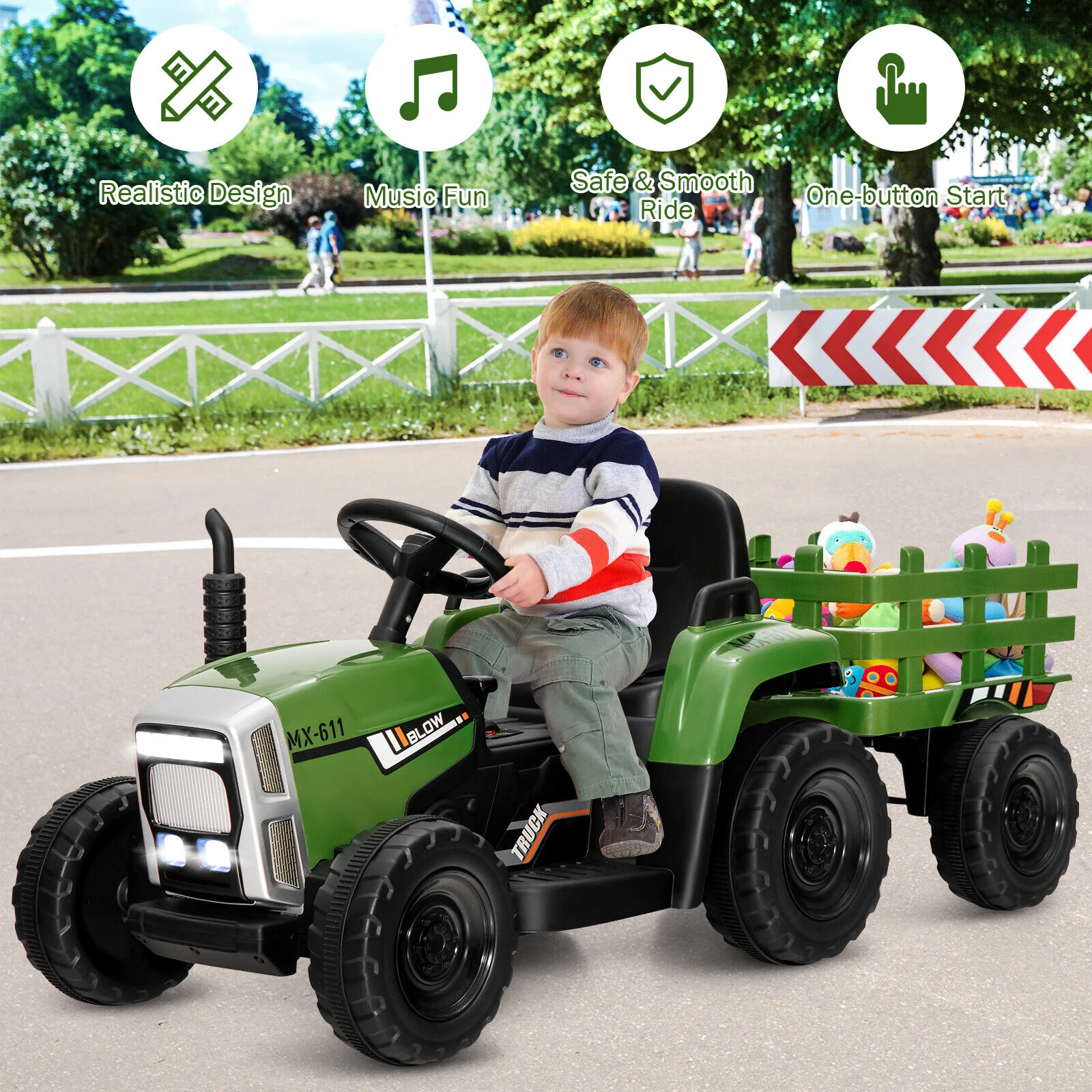 12V Ride on Tractor with 3-Gear-Shift Ground Loader for Kids 3+ Years Old, Dark Green - Image 2