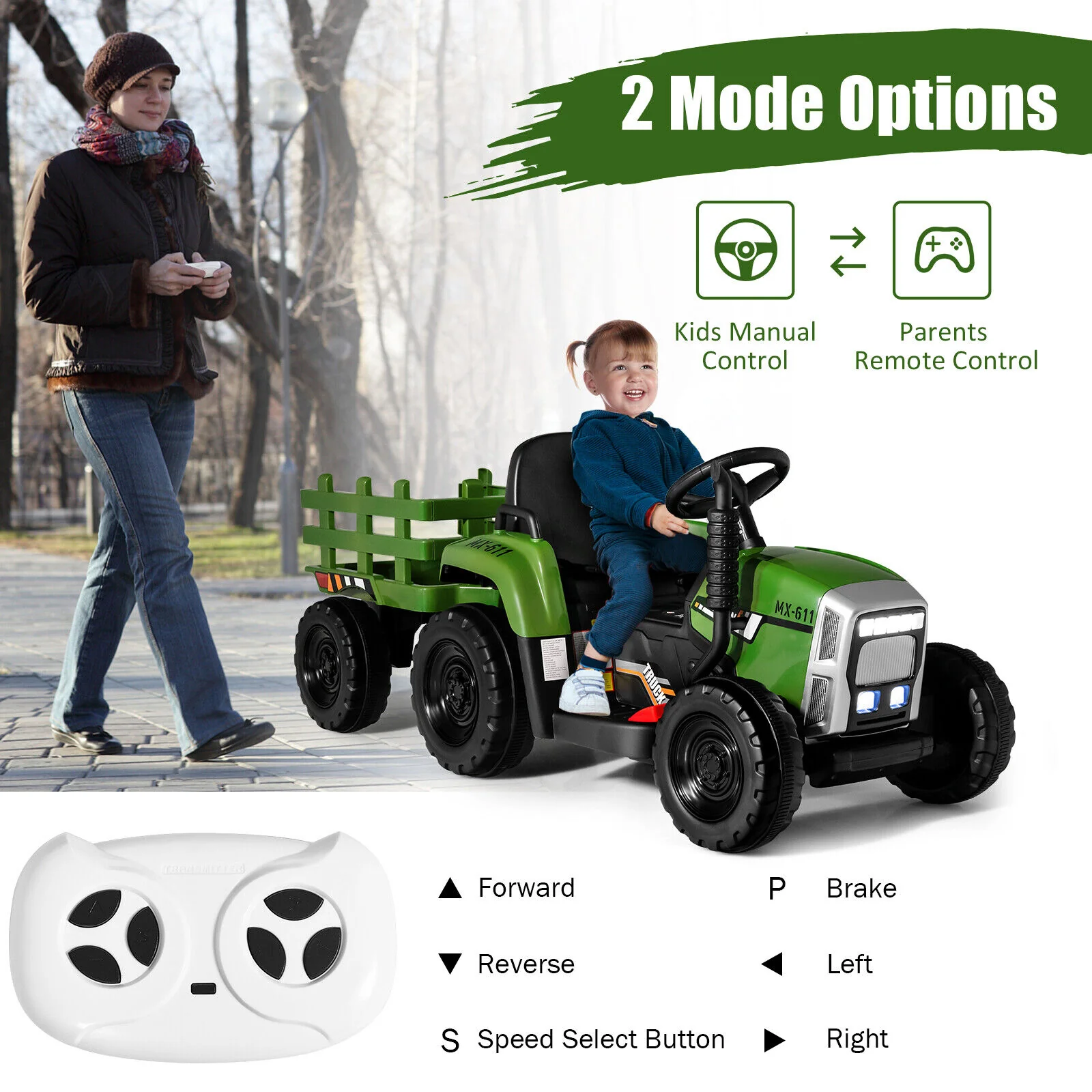 12V Ride on Tractor with 3-Gear-Shift Ground Loader for Kids 3+ Years Old, Dark Green - Image 3