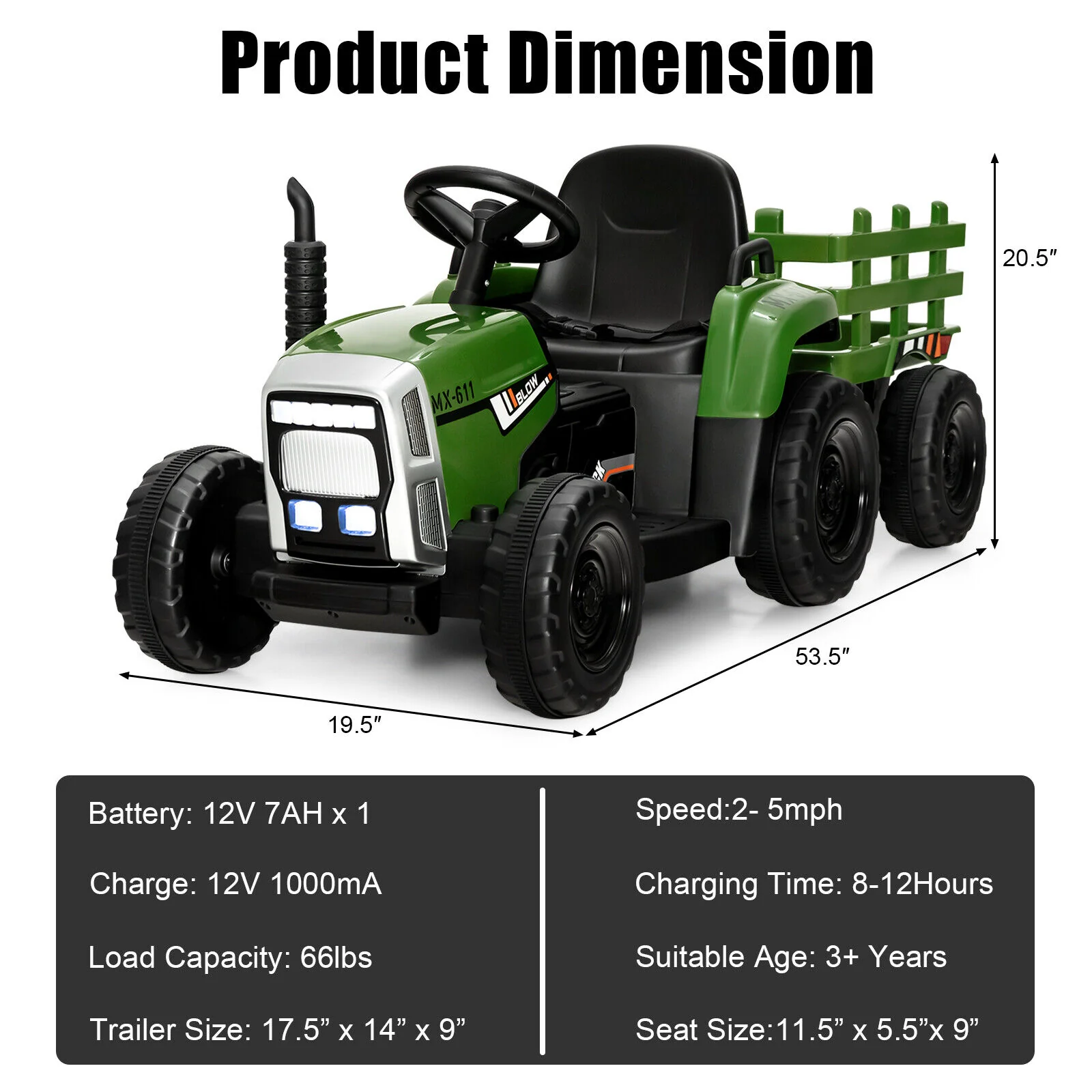 12V Ride on Tractor with 3-Gear-Shift Ground Loader for Kids 3+ Years Old, Dark Green - Image 6