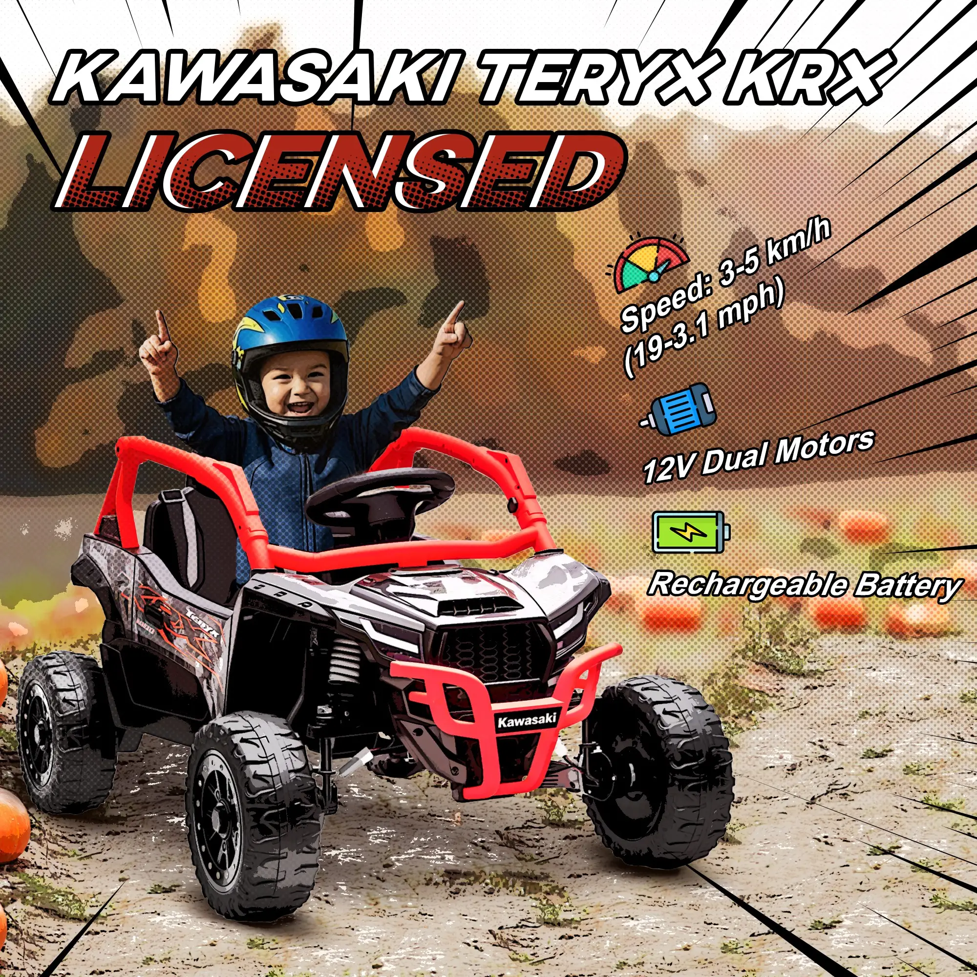 12V Ride On Truck, KAWASAKI TERYX KRX 2WD Kids Electric Car, Red - Image 4