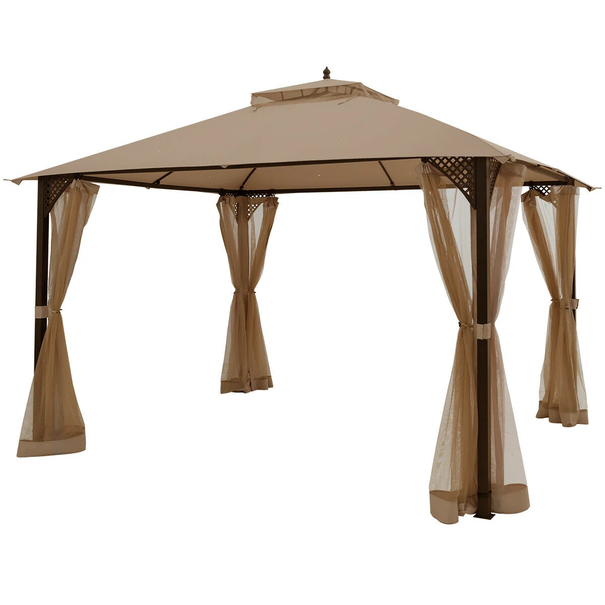 12x10 Feet Outdoor Double Top Patio Gazebo With Netting, Brown