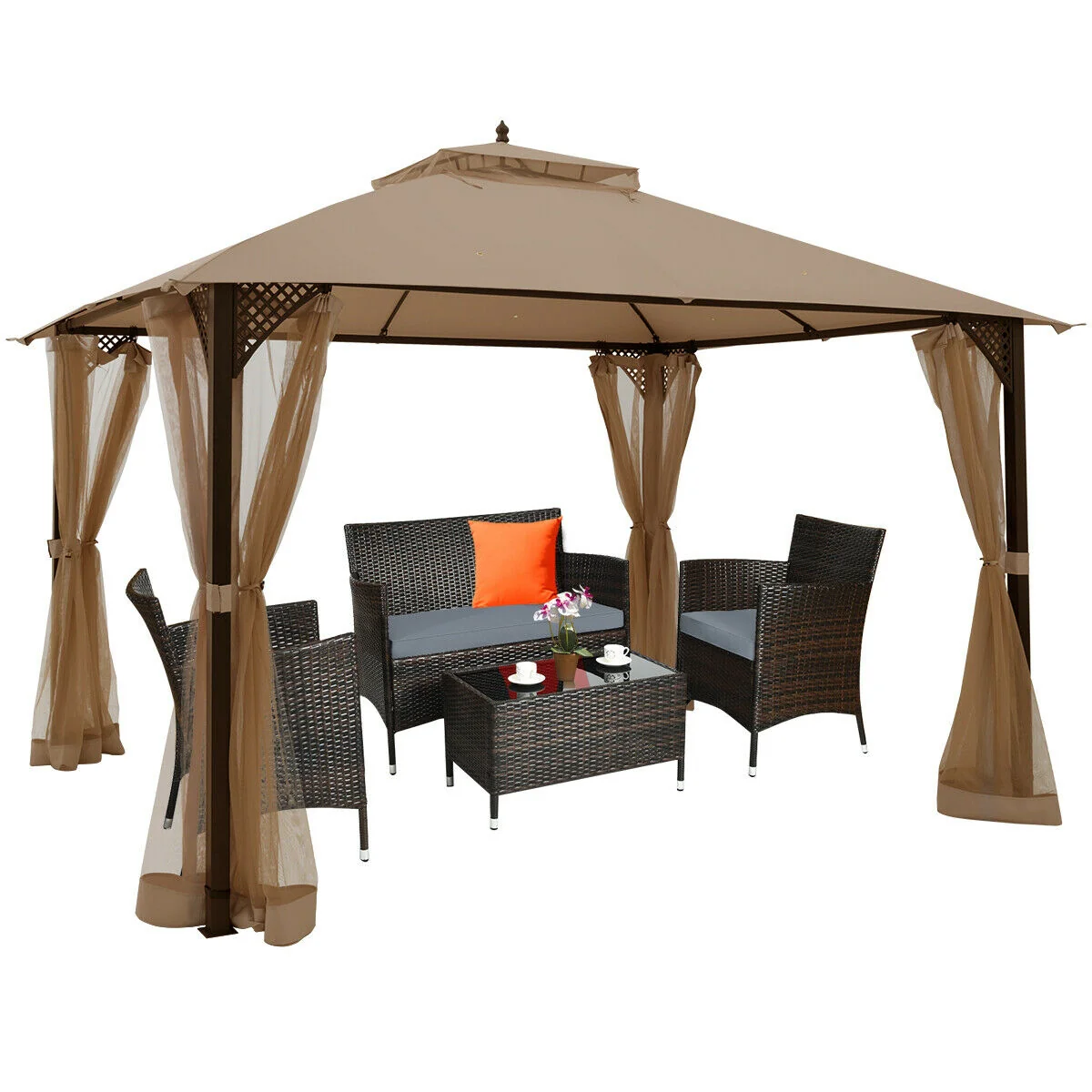 12x10 Feet Outdoor Double Top Patio Gazebo With Netting, Brown - Image 10