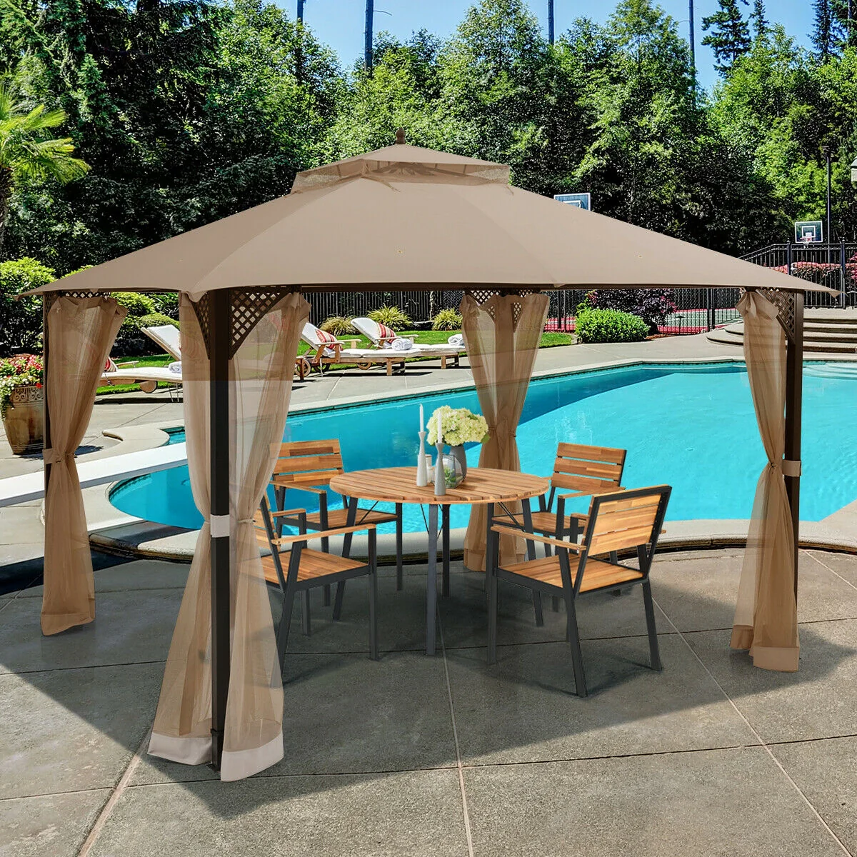 12x10 Feet Outdoor Double Top Patio Gazebo With Netting, Brown - Image 2