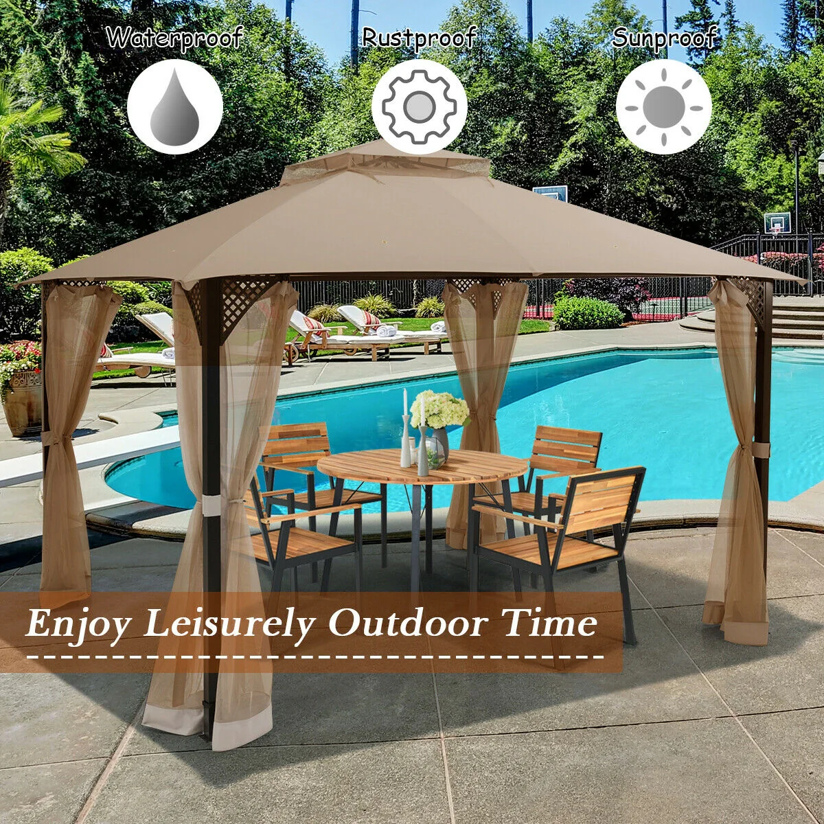 12x10 Feet Outdoor Double Top Patio Gazebo With Netting, Brown - Image 3