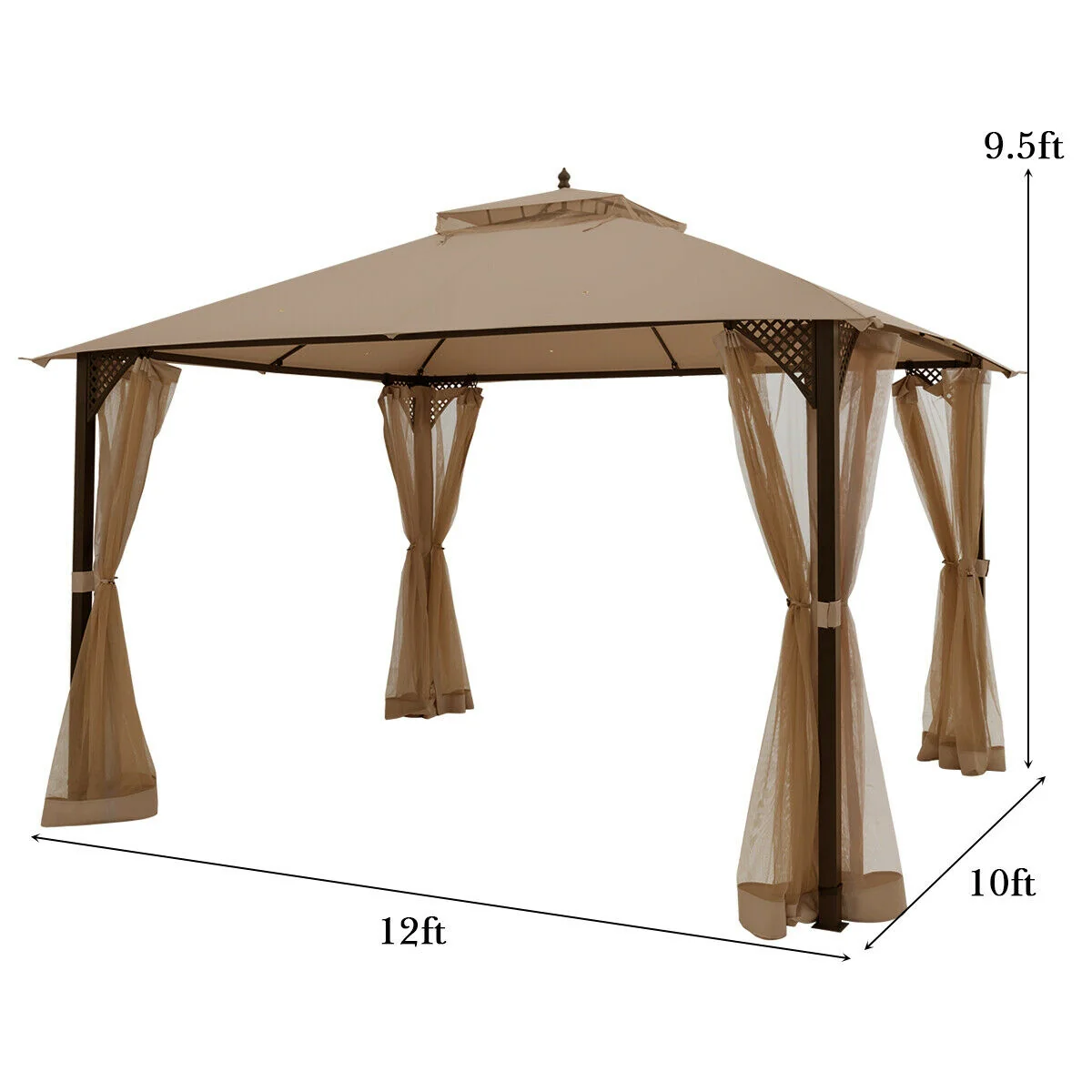 12x10 Feet Outdoor Double Top Patio Gazebo With Netting, Brown - Image 5