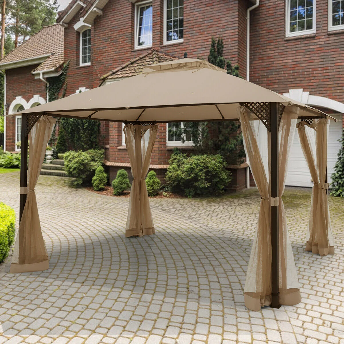 12x10 Feet Outdoor Double Top Patio Gazebo With Netting, Brown - Image 7