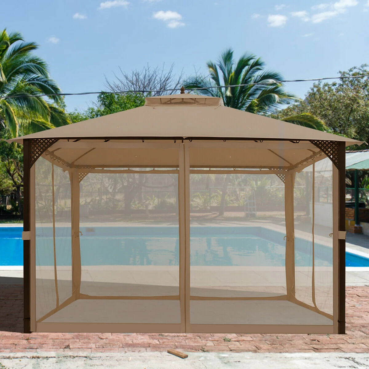12x10 Feet Outdoor Double Top Patio Gazebo With Netting, Brown - Image 8