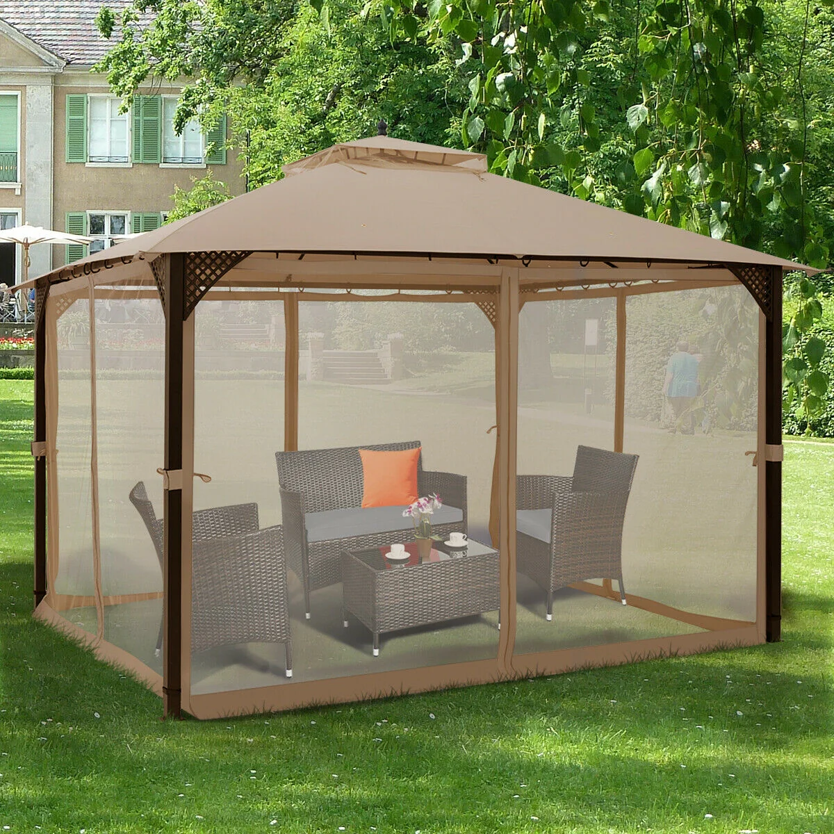 12x10 Feet Outdoor Double Top Patio Gazebo With Netting, Brown - Image 9