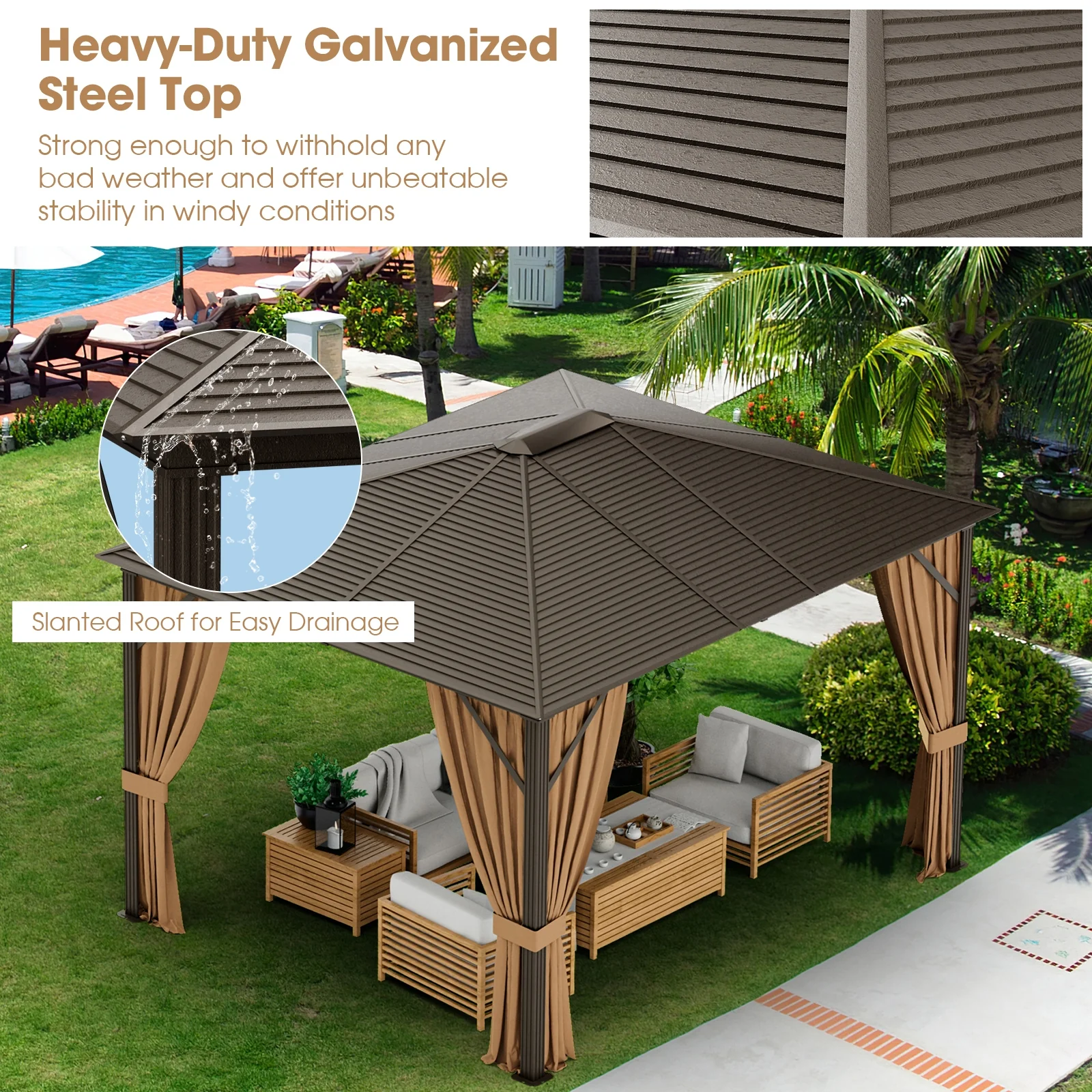 12x10 Feet Outdoor Hardtop Gazebo, Galvanized Steel Top, Brown - Image 10