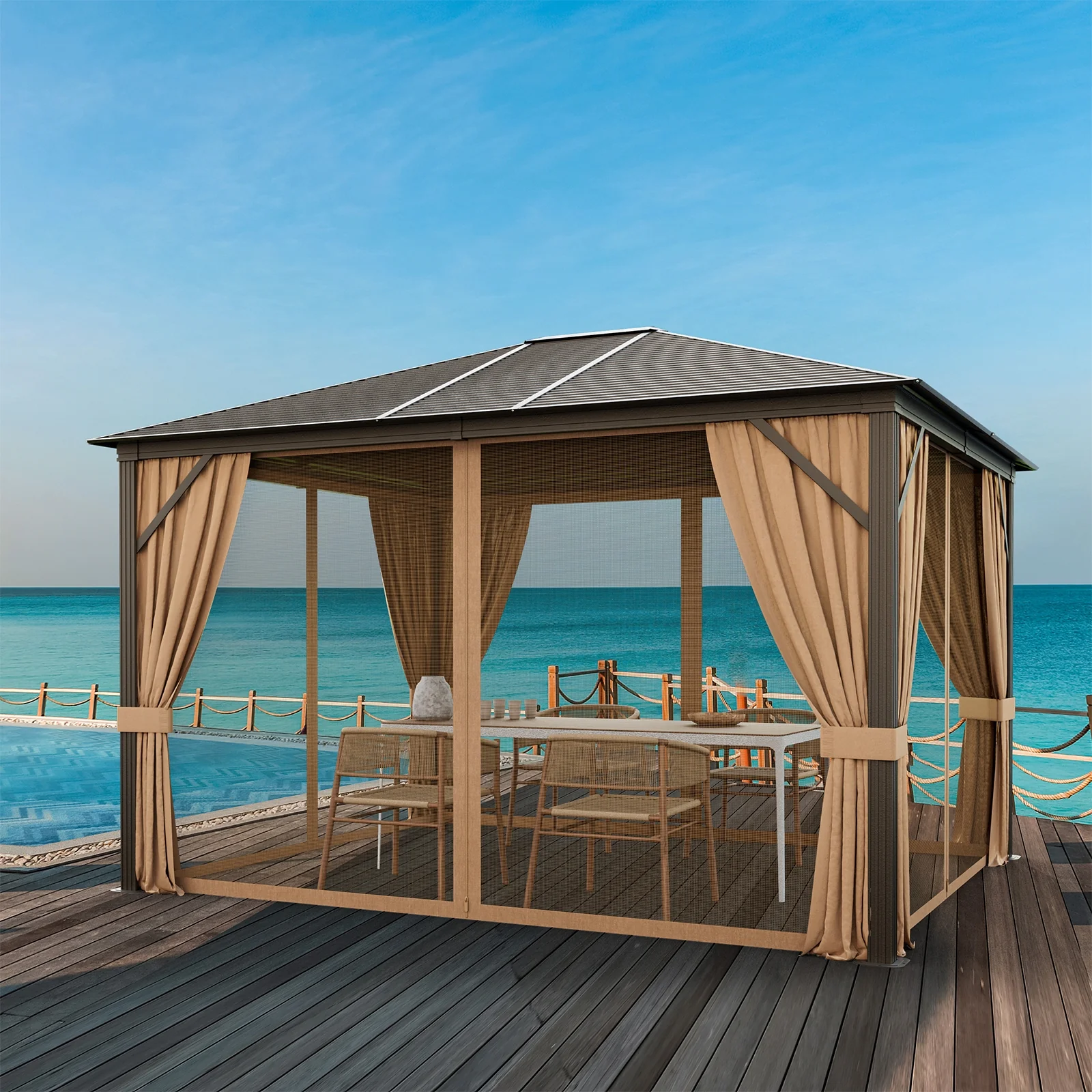 12x10 Feet Outdoor Hardtop Gazebo, Galvanized Steel Top, Brown - Image 3