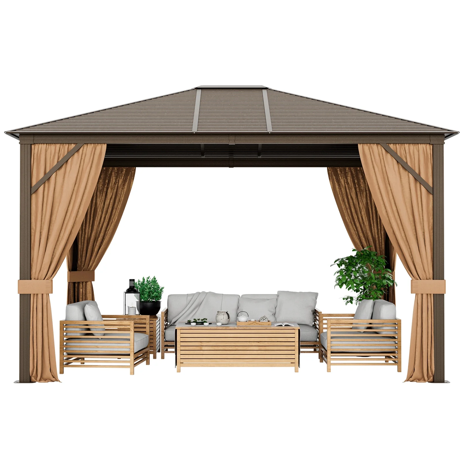 12x10 Feet Outdoor Hardtop Gazebo, Galvanized Steel Top, Brown - Image 5