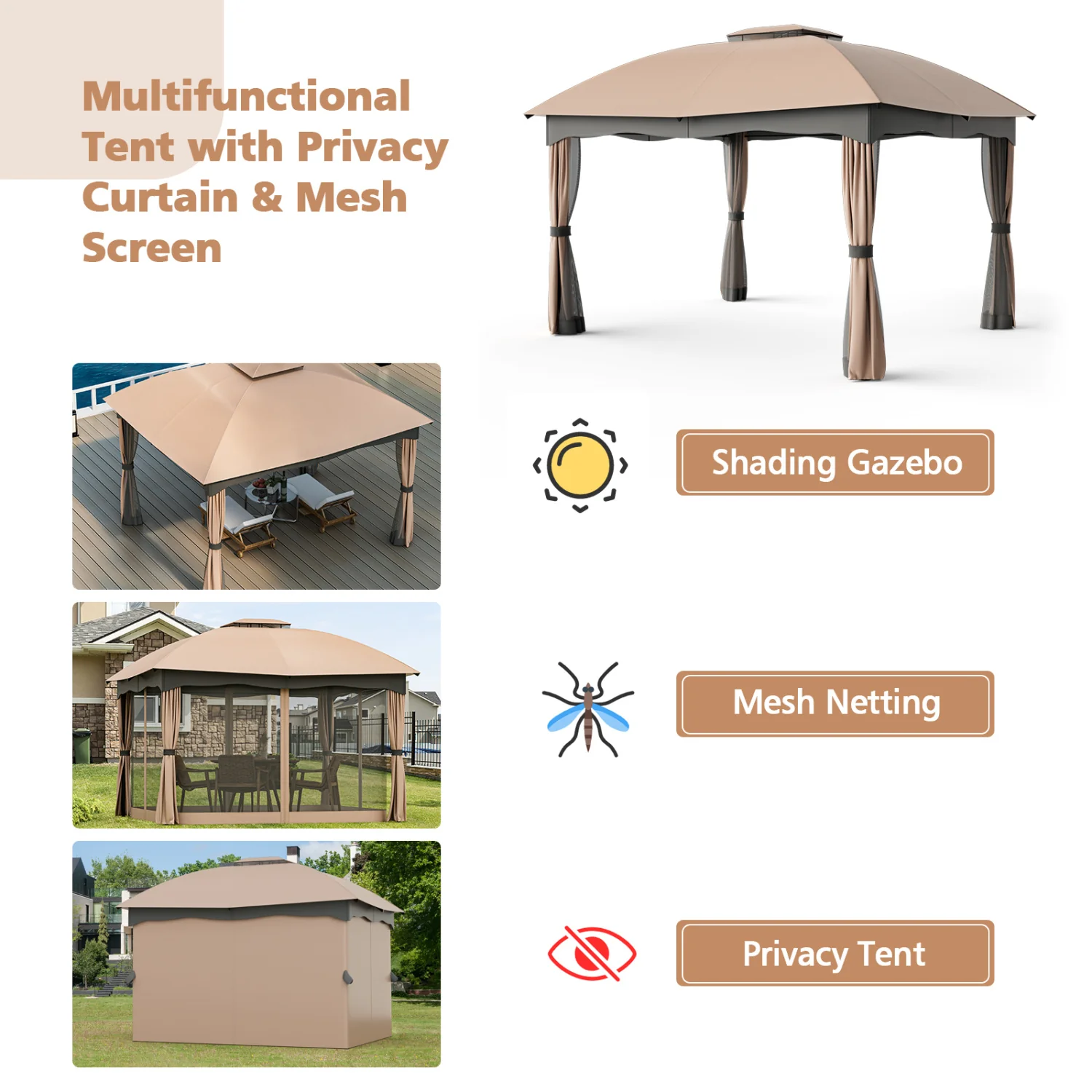 12x10 Feet Steel Gazebo, Brown - Image 10