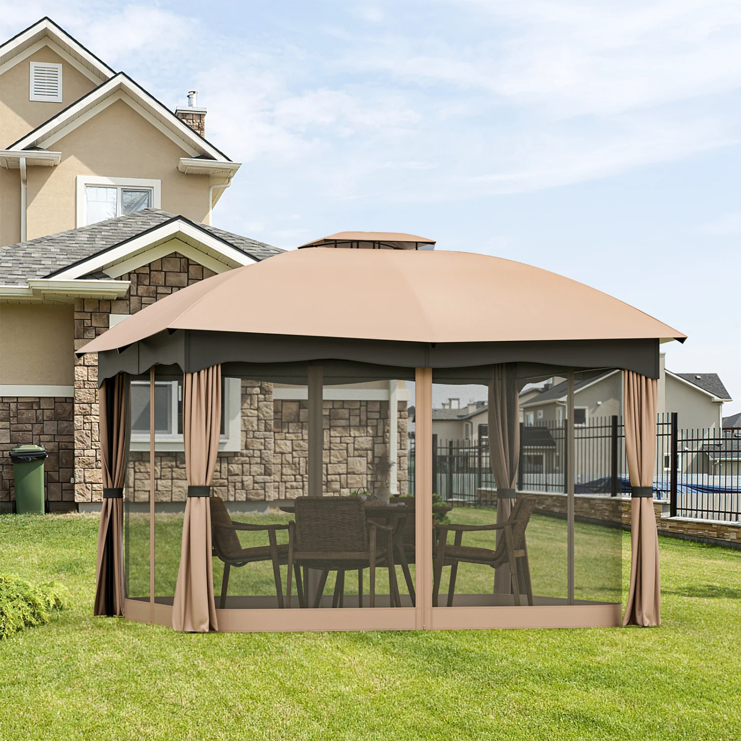 12x10 Feet Steel Gazebo, Brown - Image 2