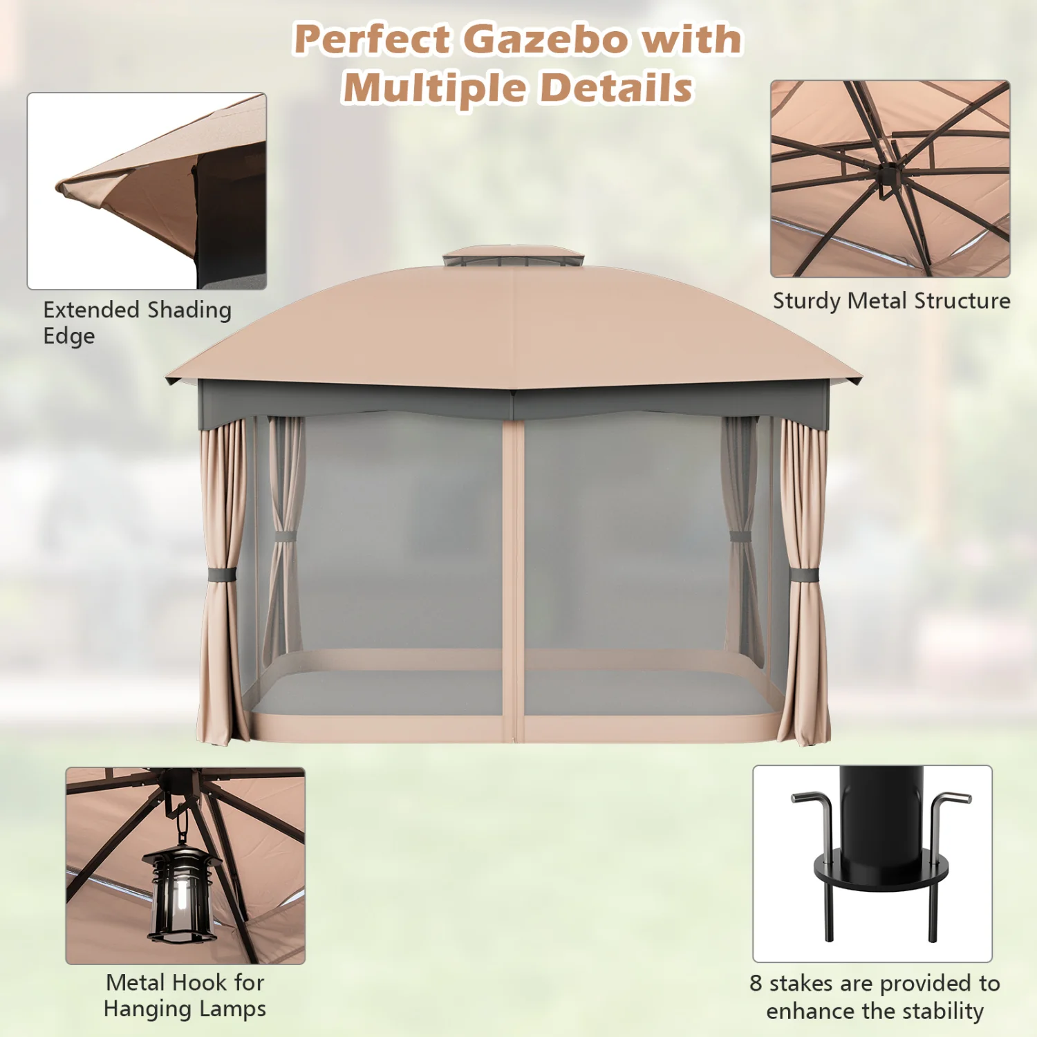 12x10 Feet Steel Gazebo, Brown - Image 8