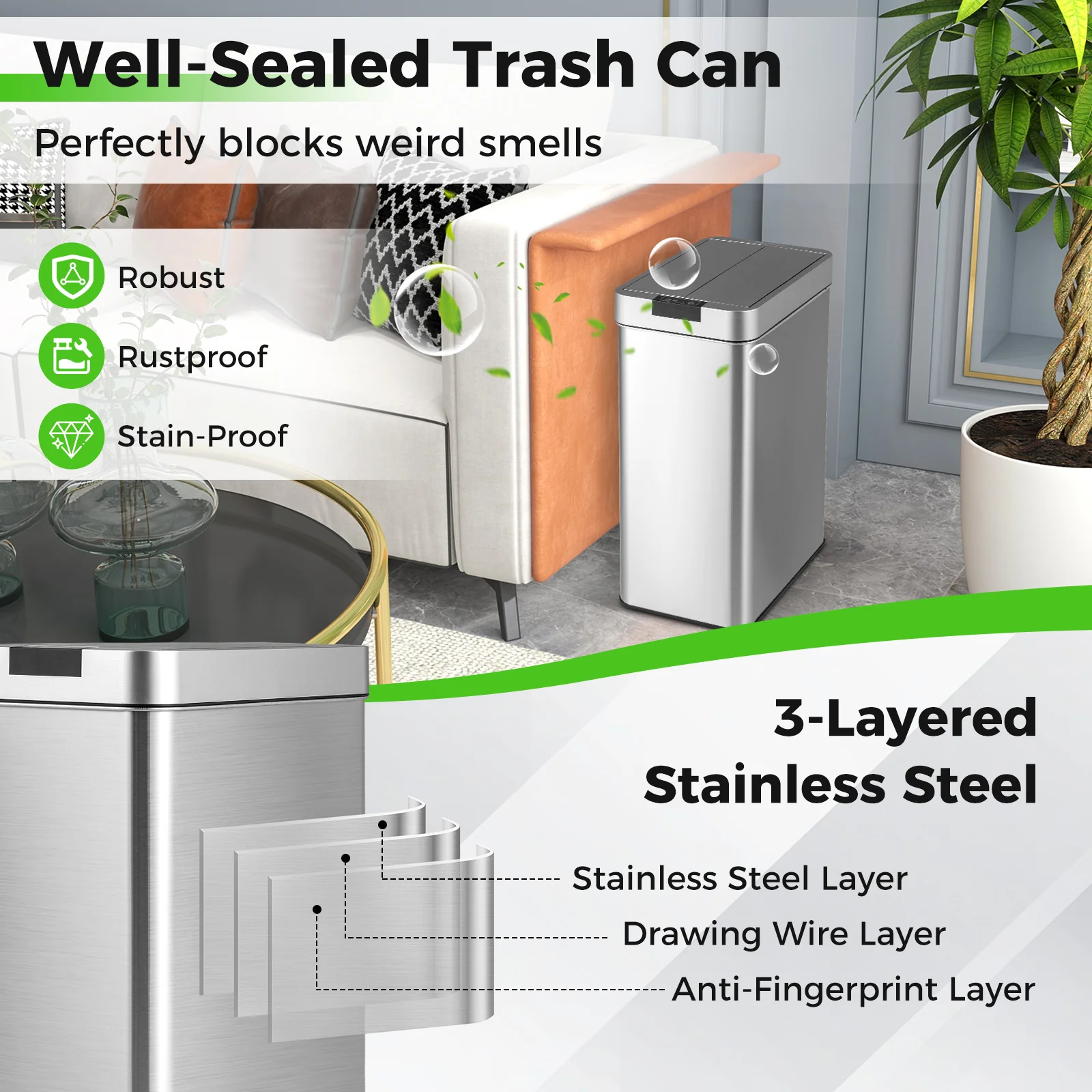 13.2 Gal Slim Kitchen Trash Can, Stainless Steel Frame, Silver - Image 7