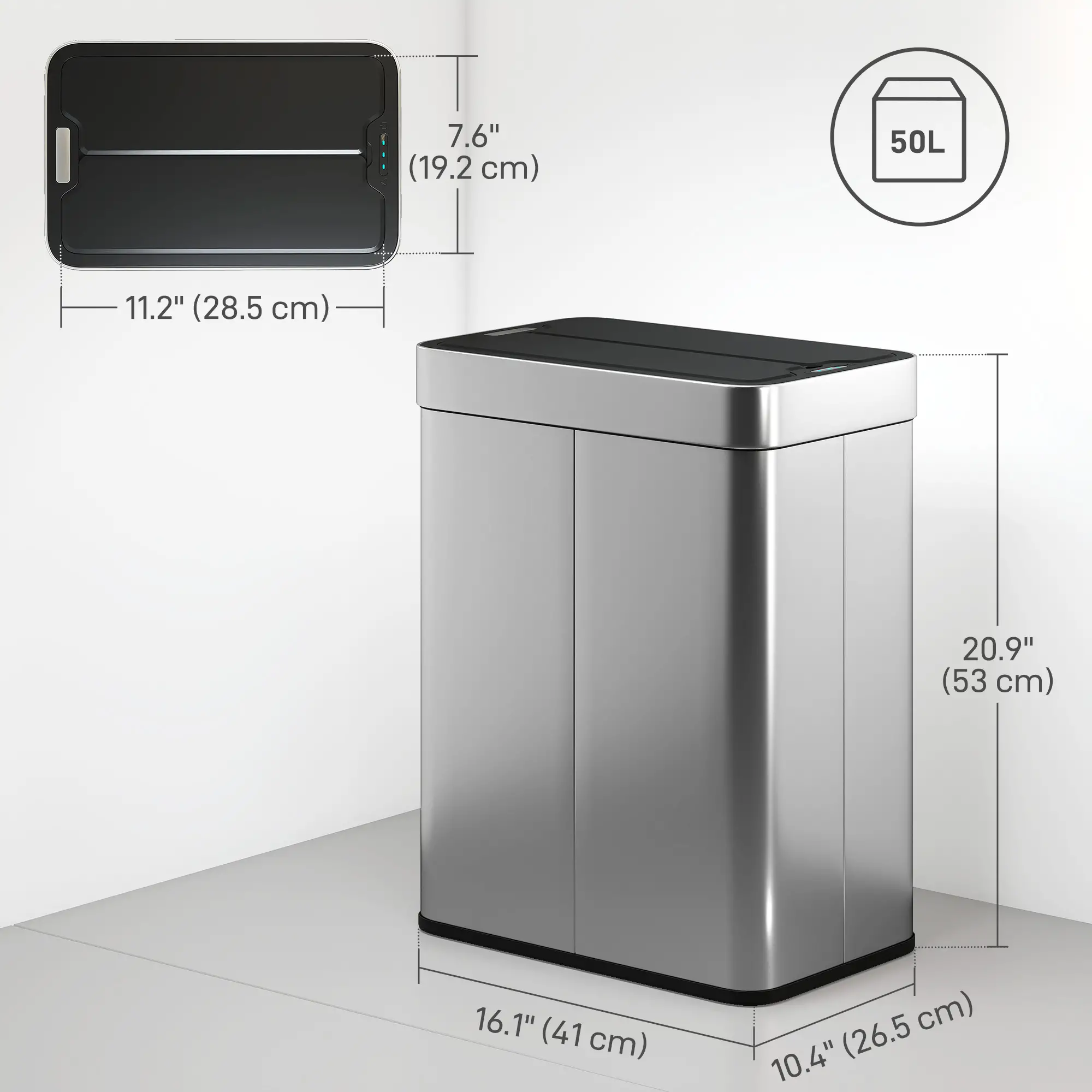 13.2 Gallon Sensor Can, Automatic Garbage Can, Soft Close Butterfly Lid, Fingerprint Proof Stainless Steel, Silver - Image 3