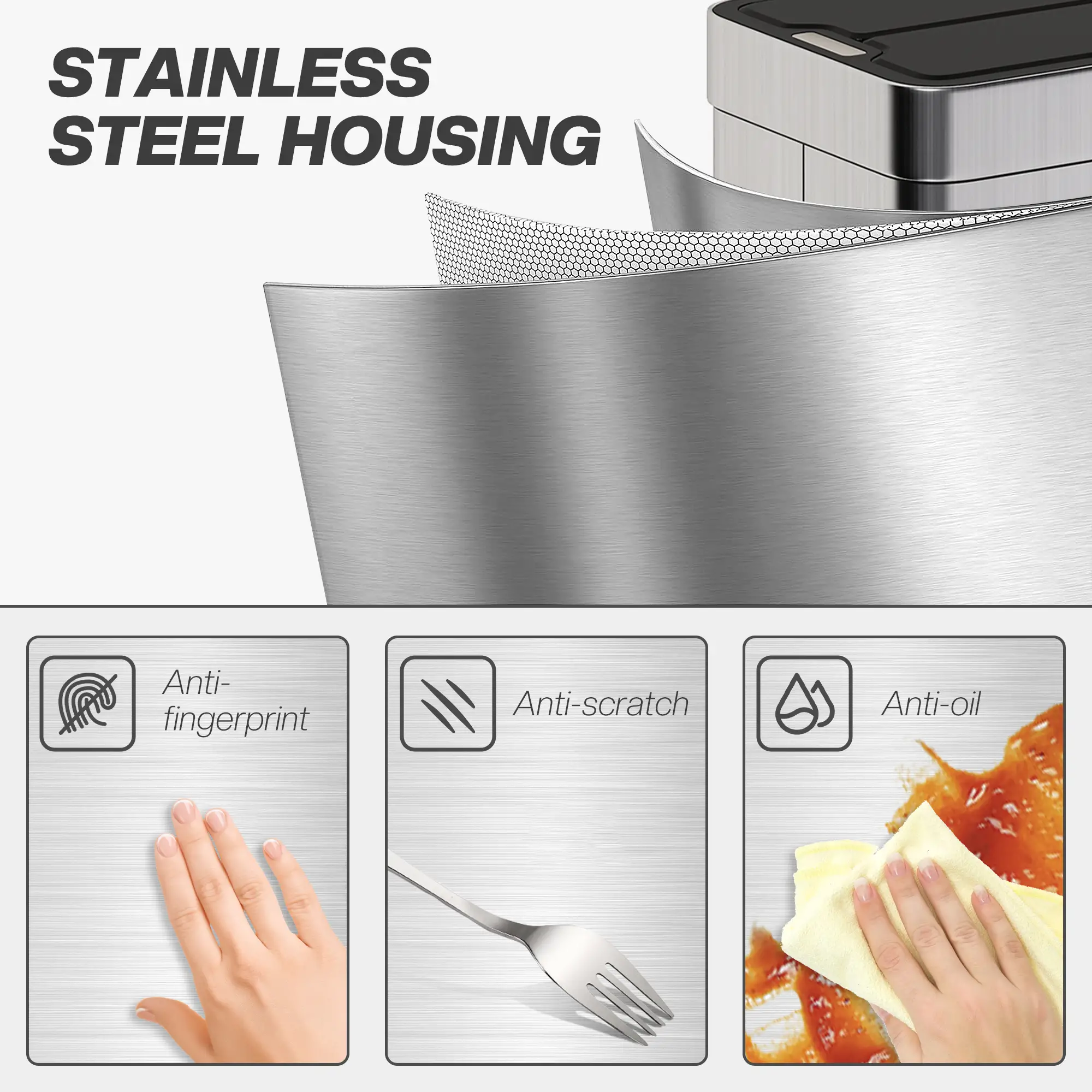 13.2 Gallon Sensor Can, Automatic Garbage Can, Soft Close Butterfly Lid, Fingerprint Proof Stainless Steel, Silver - Image 6