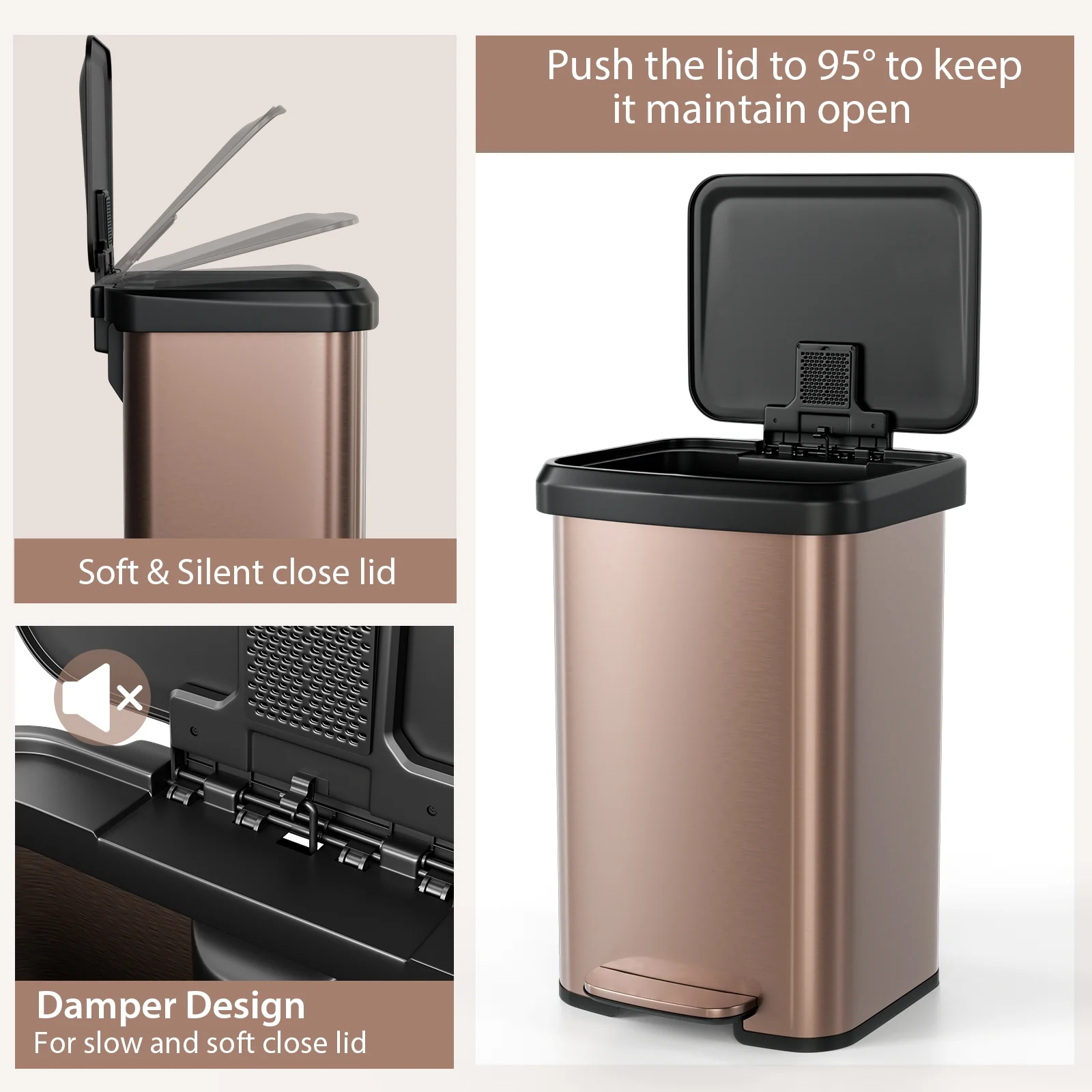 13.2 Gallon Step Trash Can, Soft Close Lid, Deodorizer Compartment, Golden - Image 10