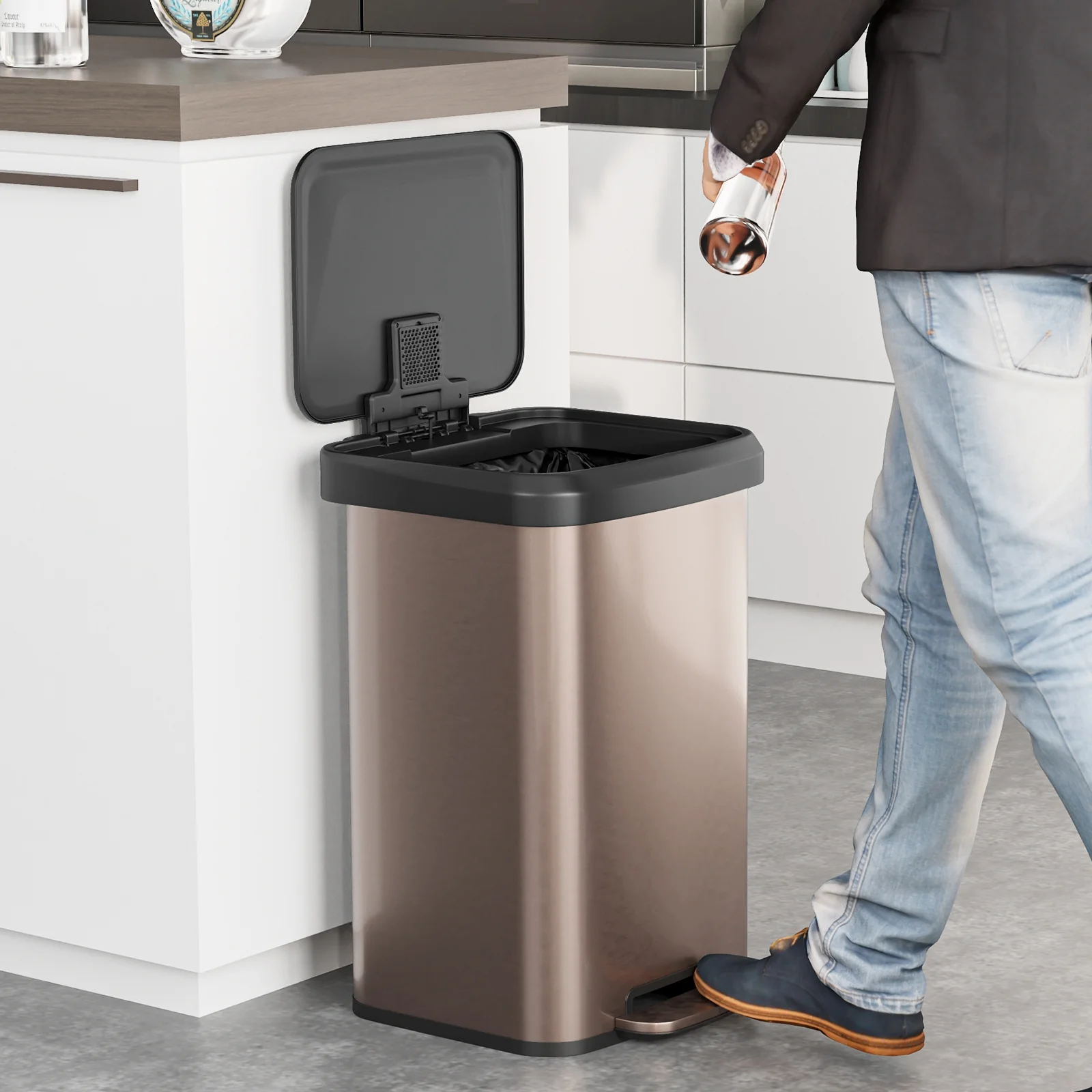 13.2 Gallon Step Trash Can, Soft Close Lid, Deodorizer Compartment, Golden - Image 2