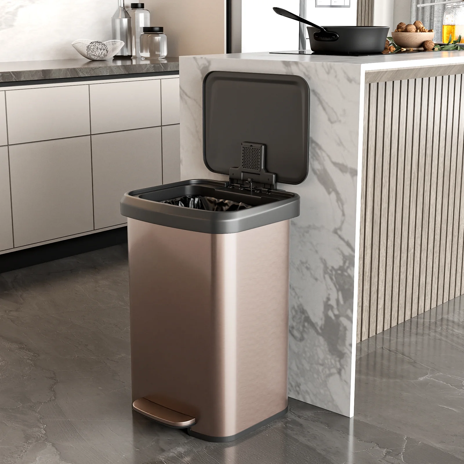 13.2 Gallon Step Trash Can, Soft Close Lid, Deodorizer Compartment, Golden - Image 3