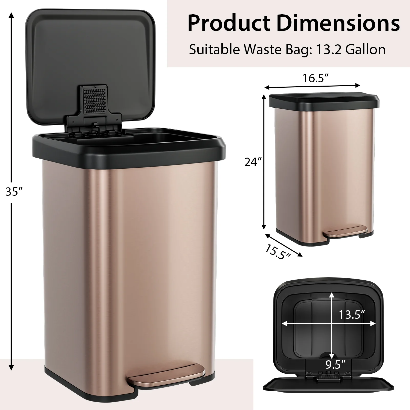 13.2 Gallon Step Trash Can, Soft Close Lid, Deodorizer Compartment, Golden - Image 6