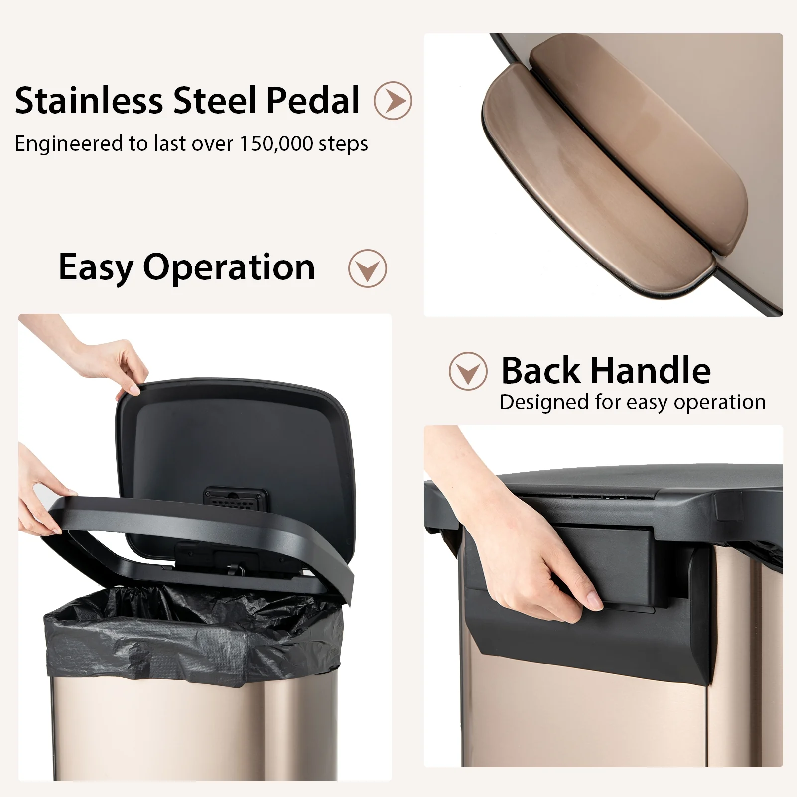 13.2 Gallon Step Trash Can, Soft Close Lid, Deodorizer Compartment, Golden - Image 7