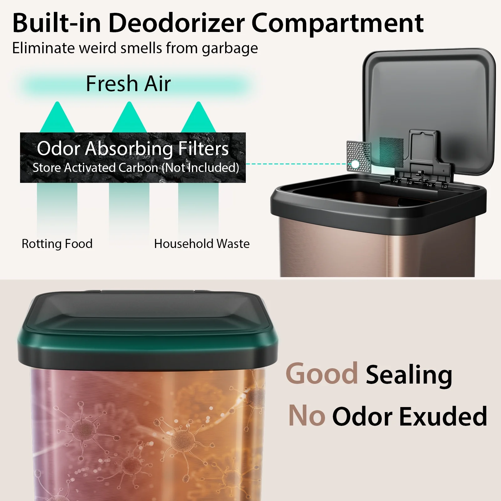 13.2 Gallon Step Trash Can, Soft Close Lid, Deodorizer Compartment, Golden - Image 8
