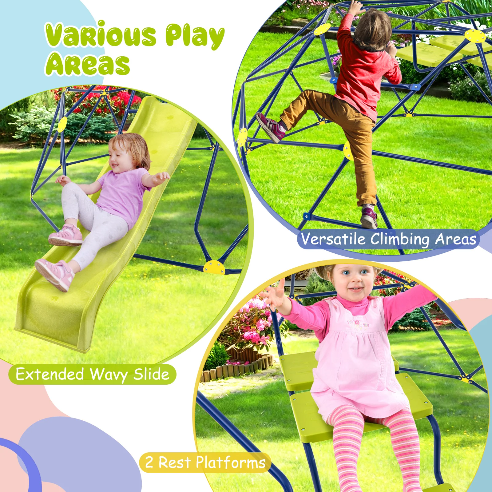 13.3 FT Geometric Dome Climber, With Slide And Platforms, Multicolor - Image 8