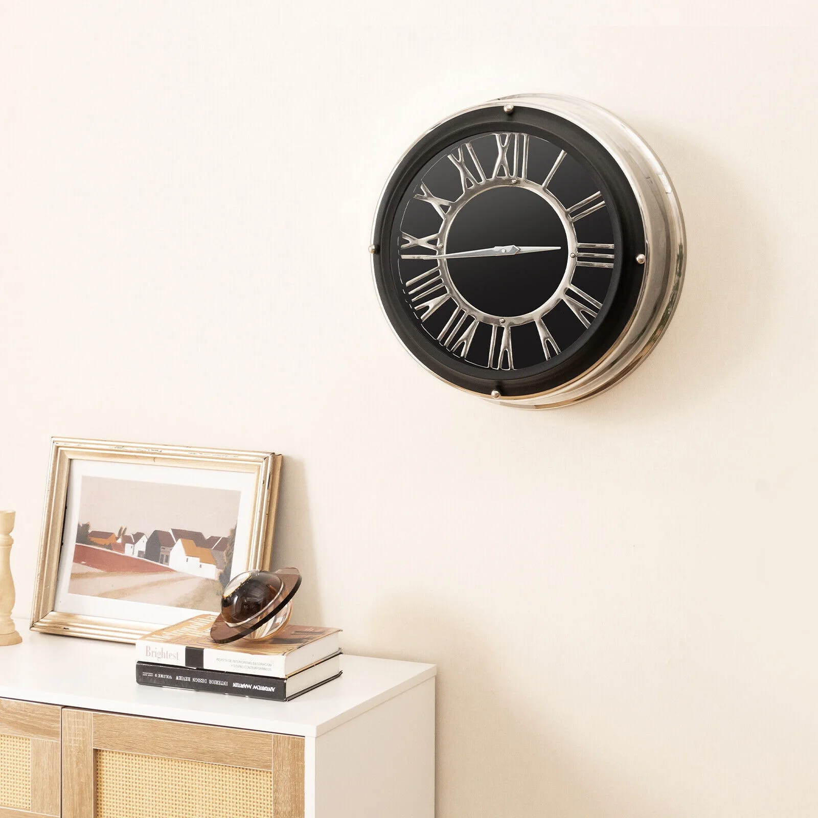 13.5/17.5 Inch Silent Wall Clock, Silver Frame, Black - Image 3