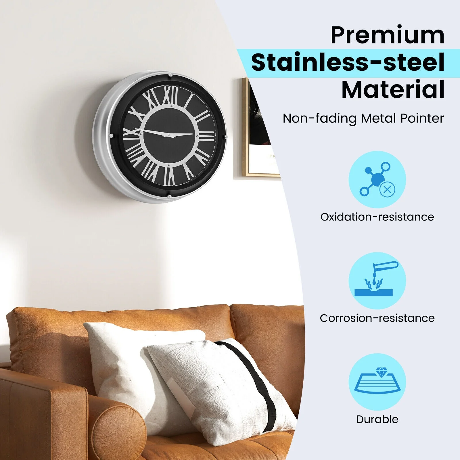 13.5/17.5 Inch Silent Wall Clock, Silver Frame, Black - Image 7