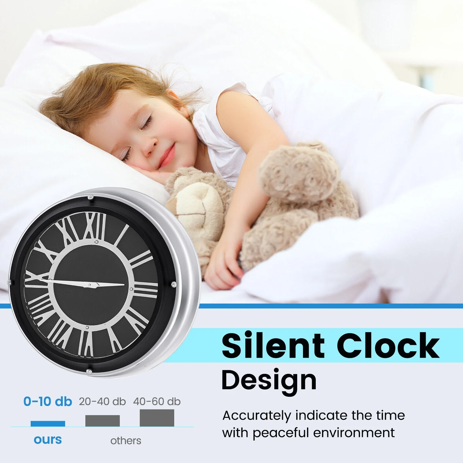 13.5/17.5 Inch Silent Wall Clock, Silver Frame, Black - Image 8