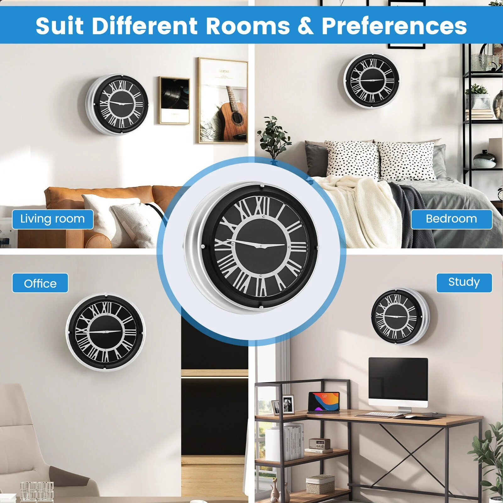 13.5/17.5 Inch Silent Wall Clock, Silver Frame, Black - Image 9