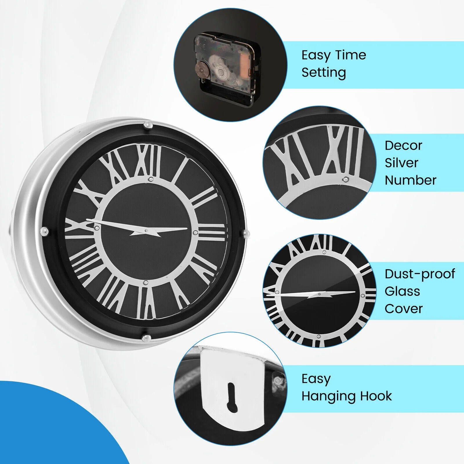 13.5/17.5 Inch Silent Wall Clock, Silver Frame-S, Black - Image 10