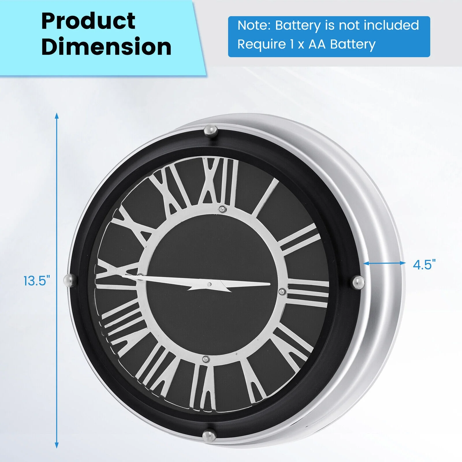 13.5/17.5 Inch Silent Wall Clock, Silver Frame-S, Black - Image 5