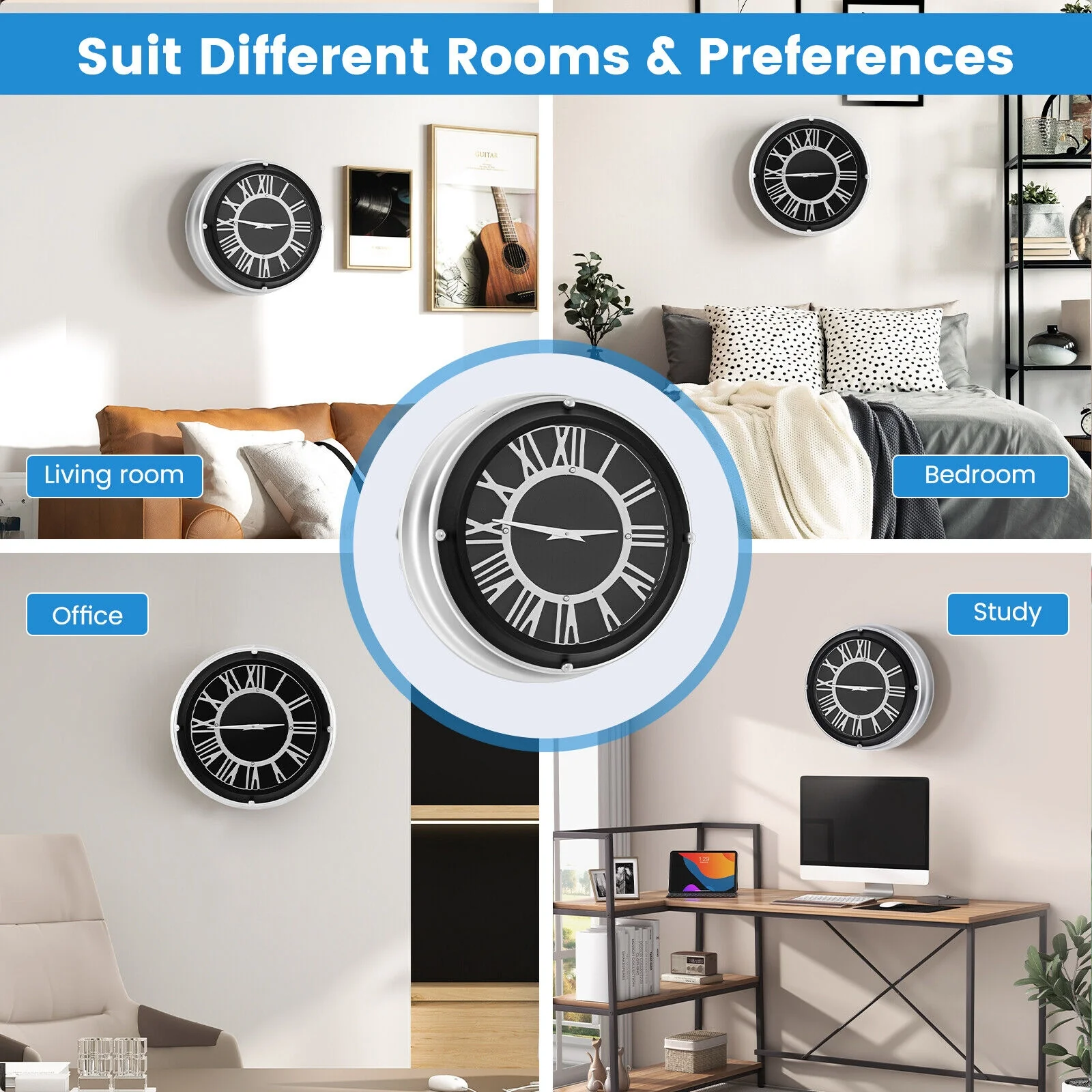 13.5/17.5 Inch Silent Wall Clock, Silver Frame-S, Black - Image 9