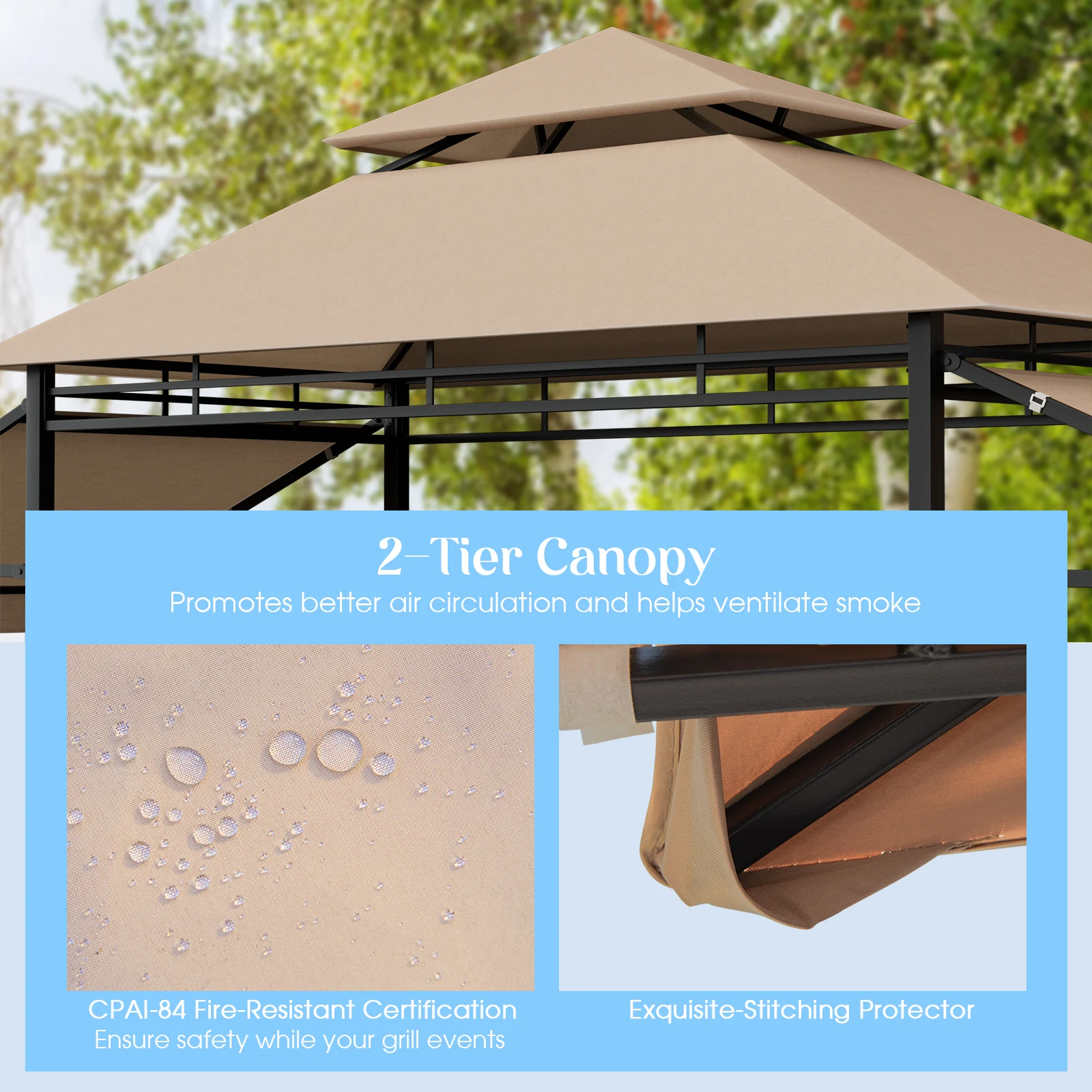 13.5 x 4 Feet BBQ Grill Gazebo Canopy, Dual Side Awnings, Beige - Image 10
