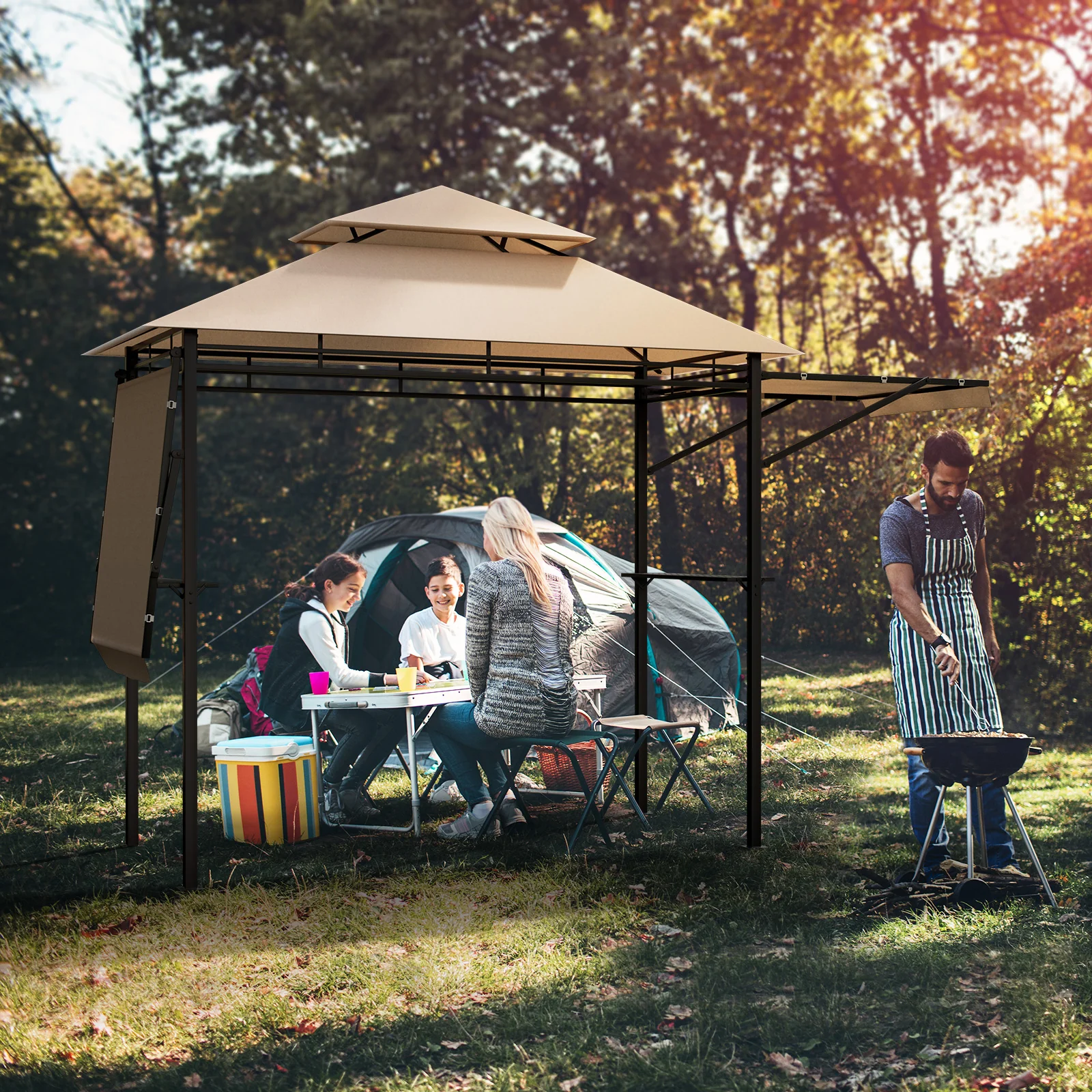 13.5 x 4 Feet BBQ Grill Gazebo Canopy, Dual Side Awnings, Beige - Image 2