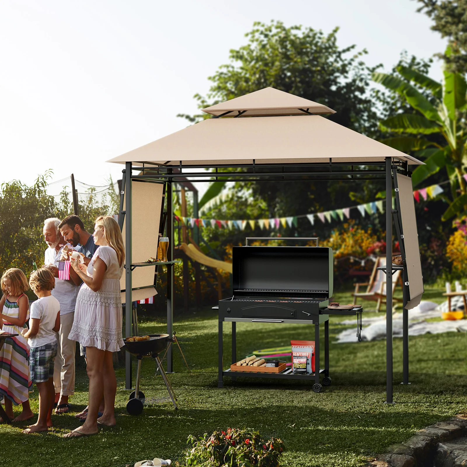13.5 x 4 Feet BBQ Grill Gazebo Canopy, Dual Side Awnings, Beige - Image 3