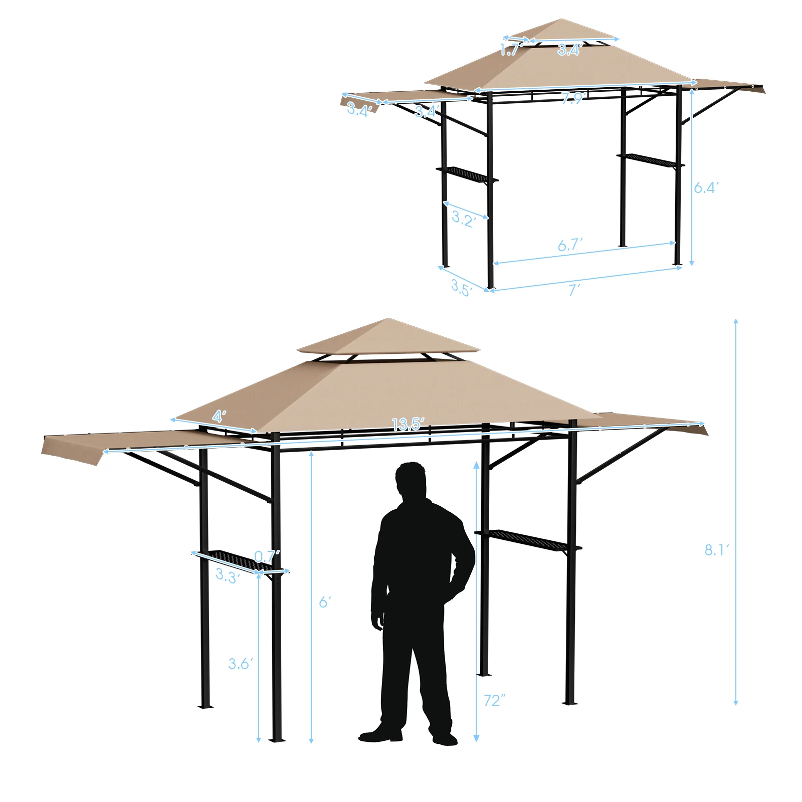 13.5 x 4 Feet BBQ Grill Gazebo Canopy, Dual Side Awnings, Beige - Image 6