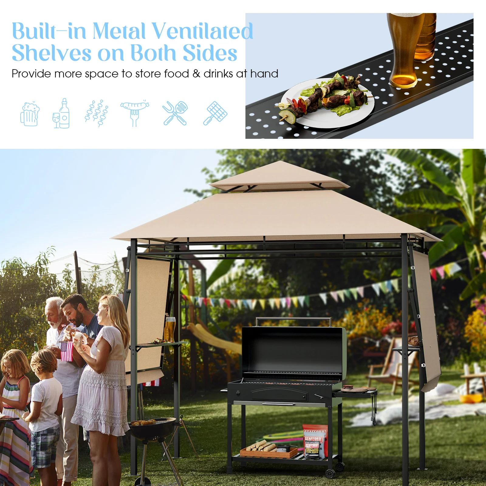 13.5 x 4 Feet BBQ Grill Gazebo Canopy, Dual Side Awnings, Beige - Image 8