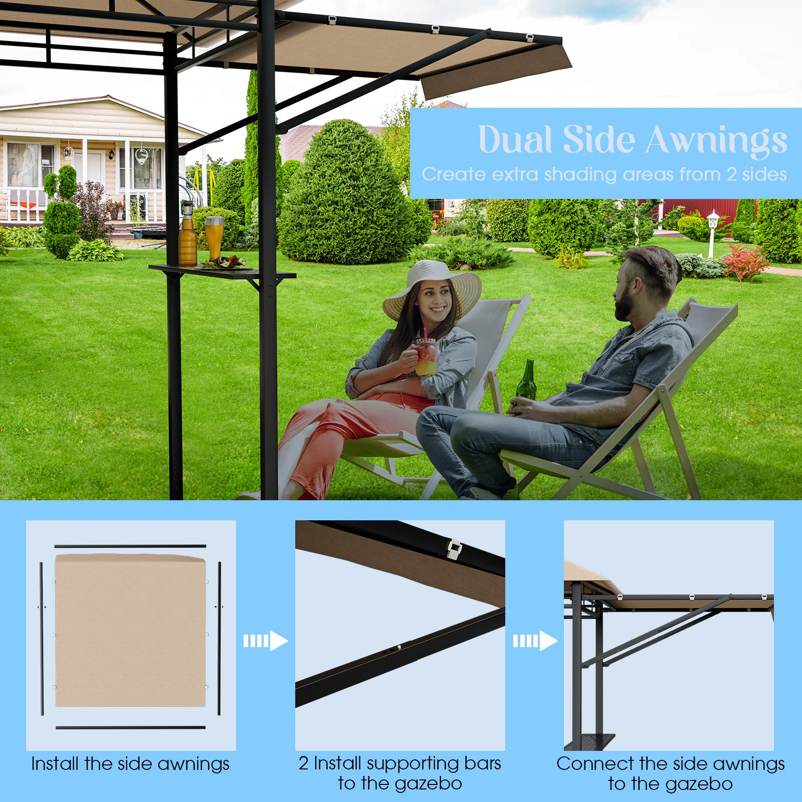 13.5 x 4 Feet BBQ Grill Gazebo Canopy, Dual Side Awnings, Beige - Image 9