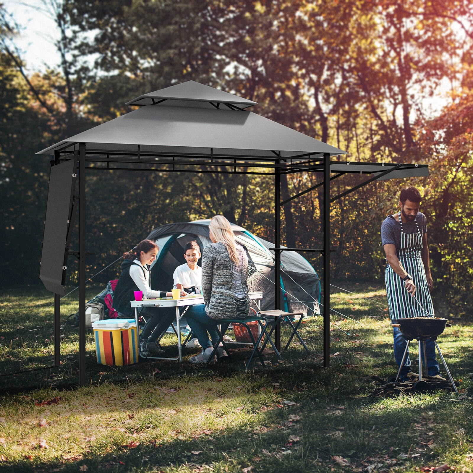 13.5 x 4 Feet Patio BBQ Grill Gazebo Canopy, Gray - Image 3