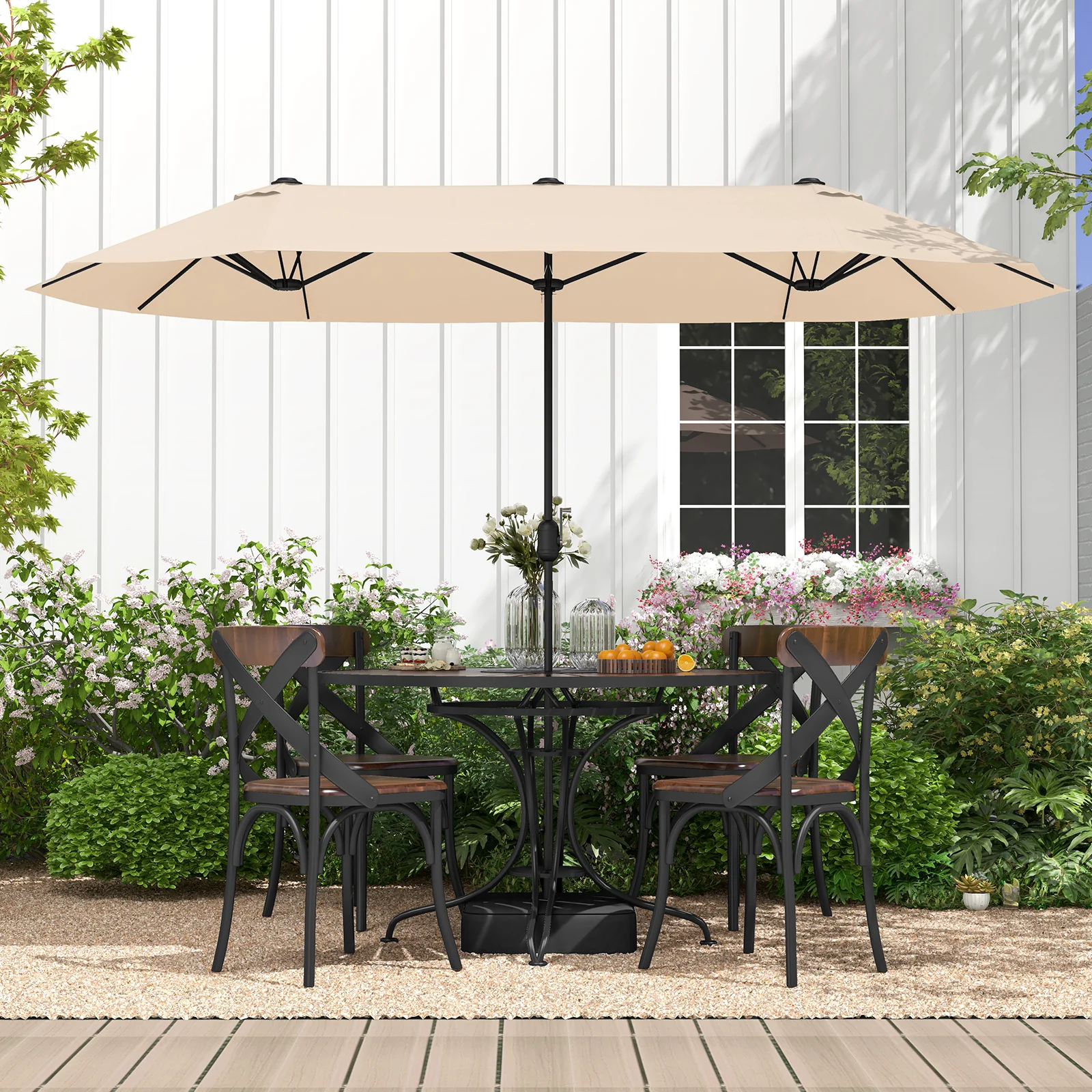 13 Ft Double-Sided Patio Twin Table Umbrella, Crank Handle, Beige - Image 3